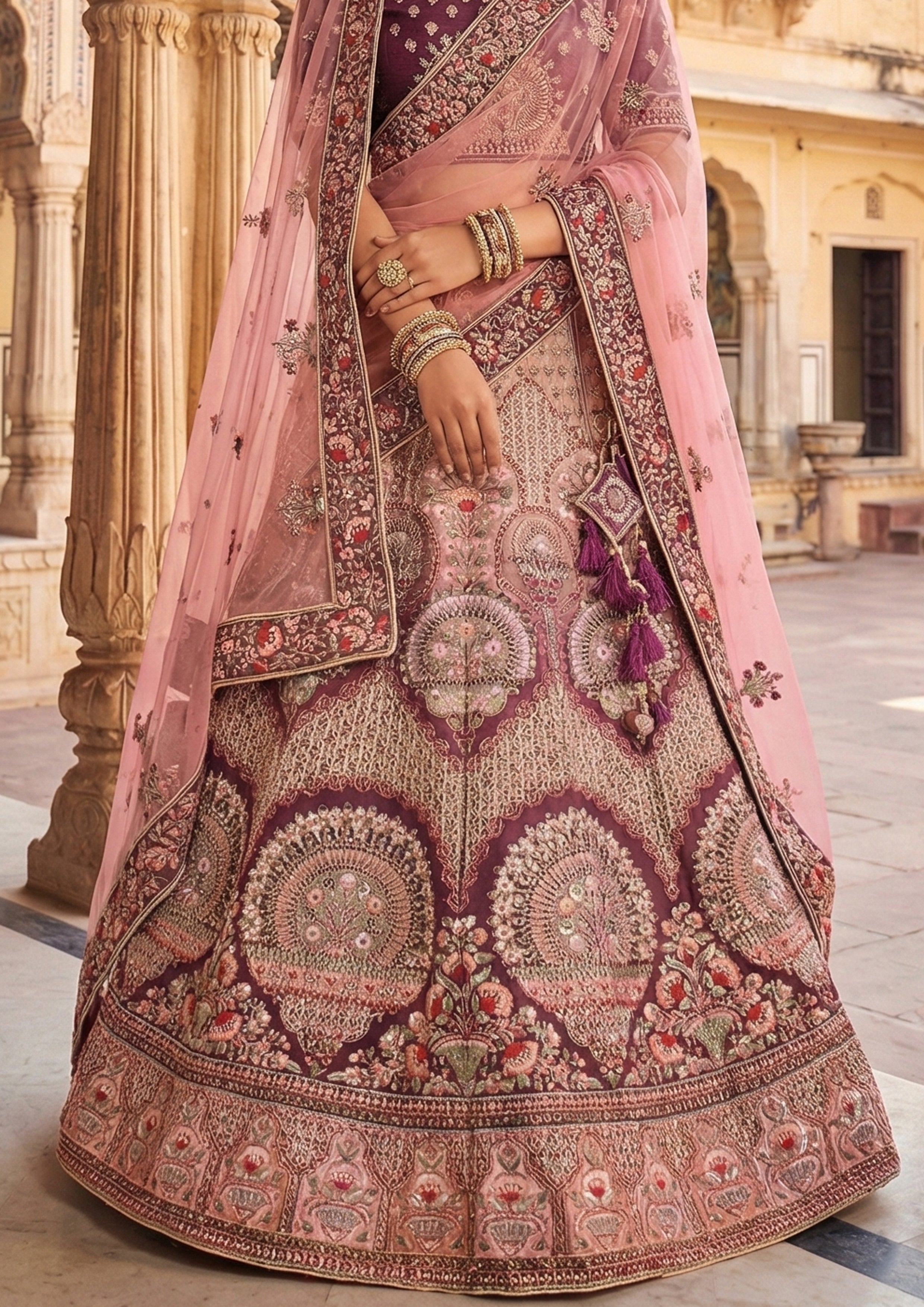Maroon Pink Embellished Premium Velvet Lehenga Set