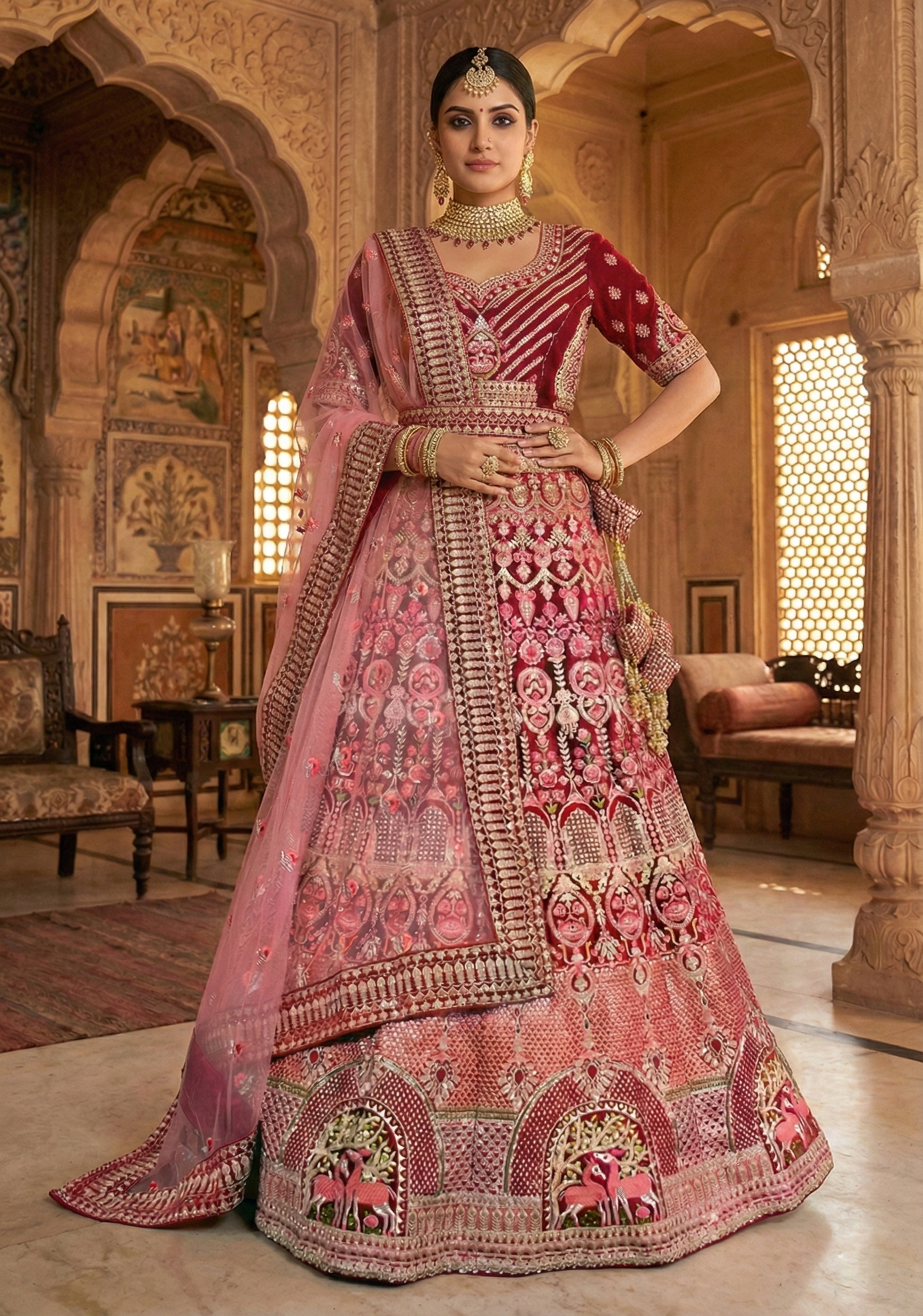 Rich Maroon Embellished Premium Velvet Lehenga Set