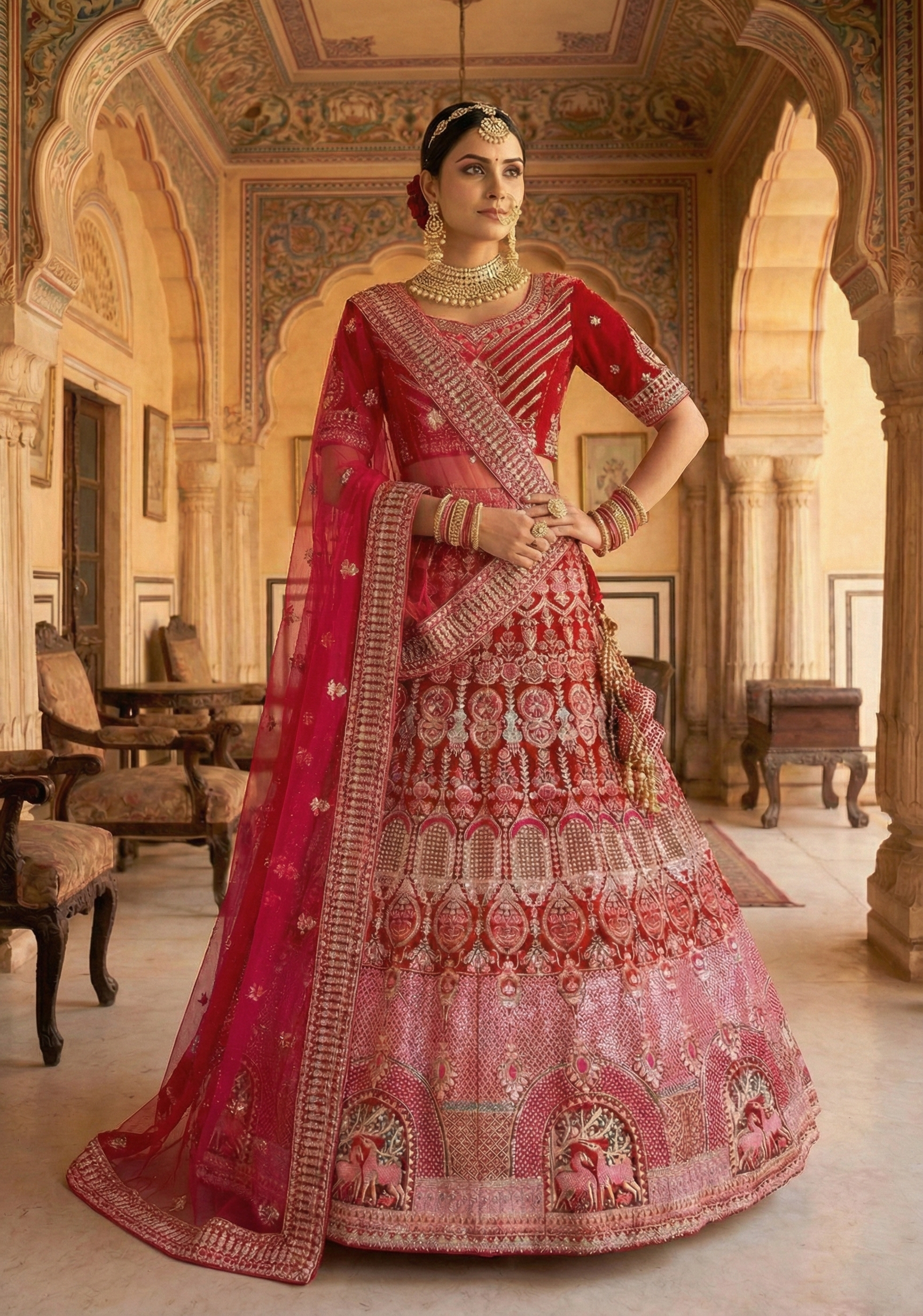 Deep Red Embellished Premium Velvet Lehenga Set