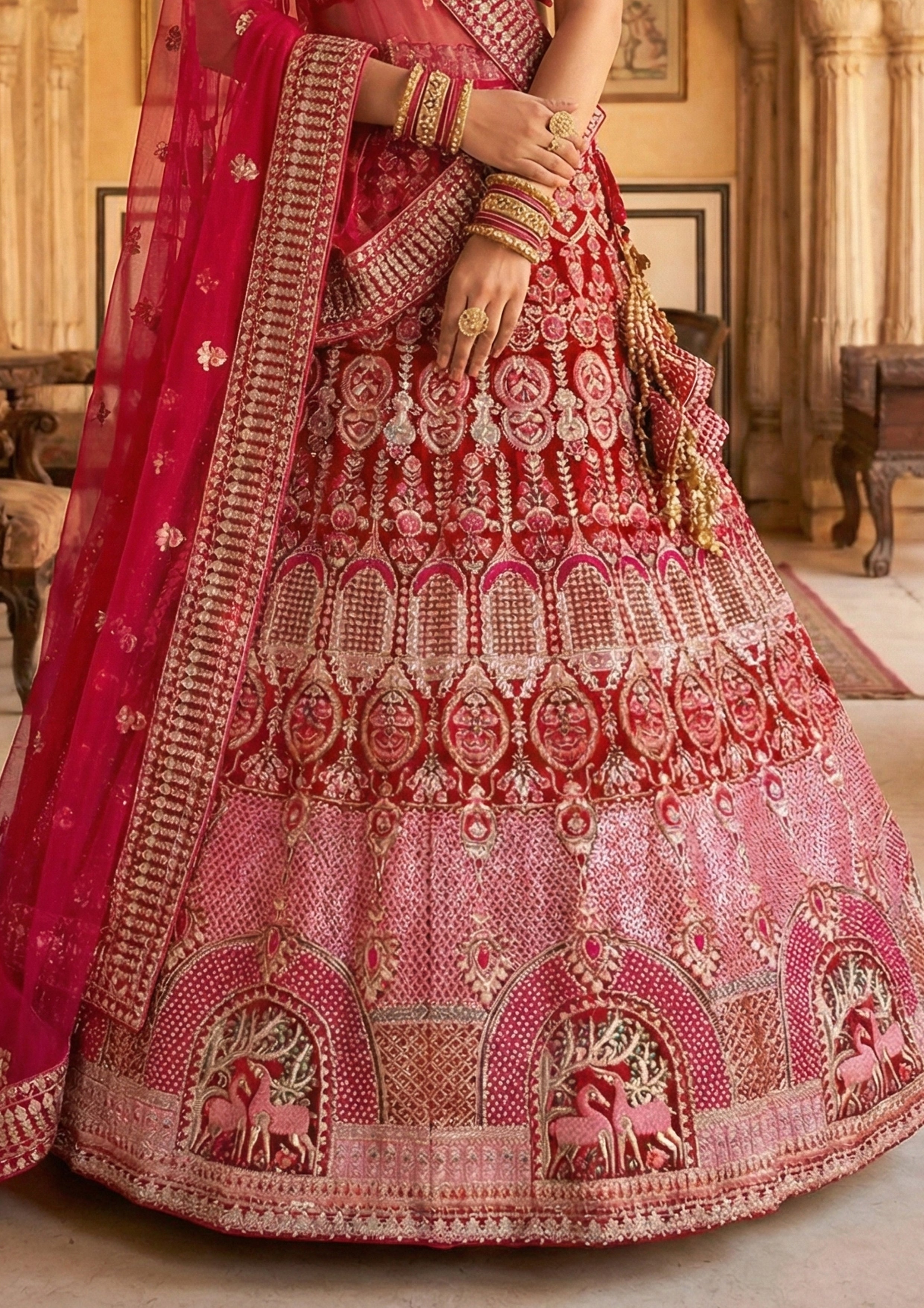Deep Red Embellished Premium Velvet Lehenga Set
