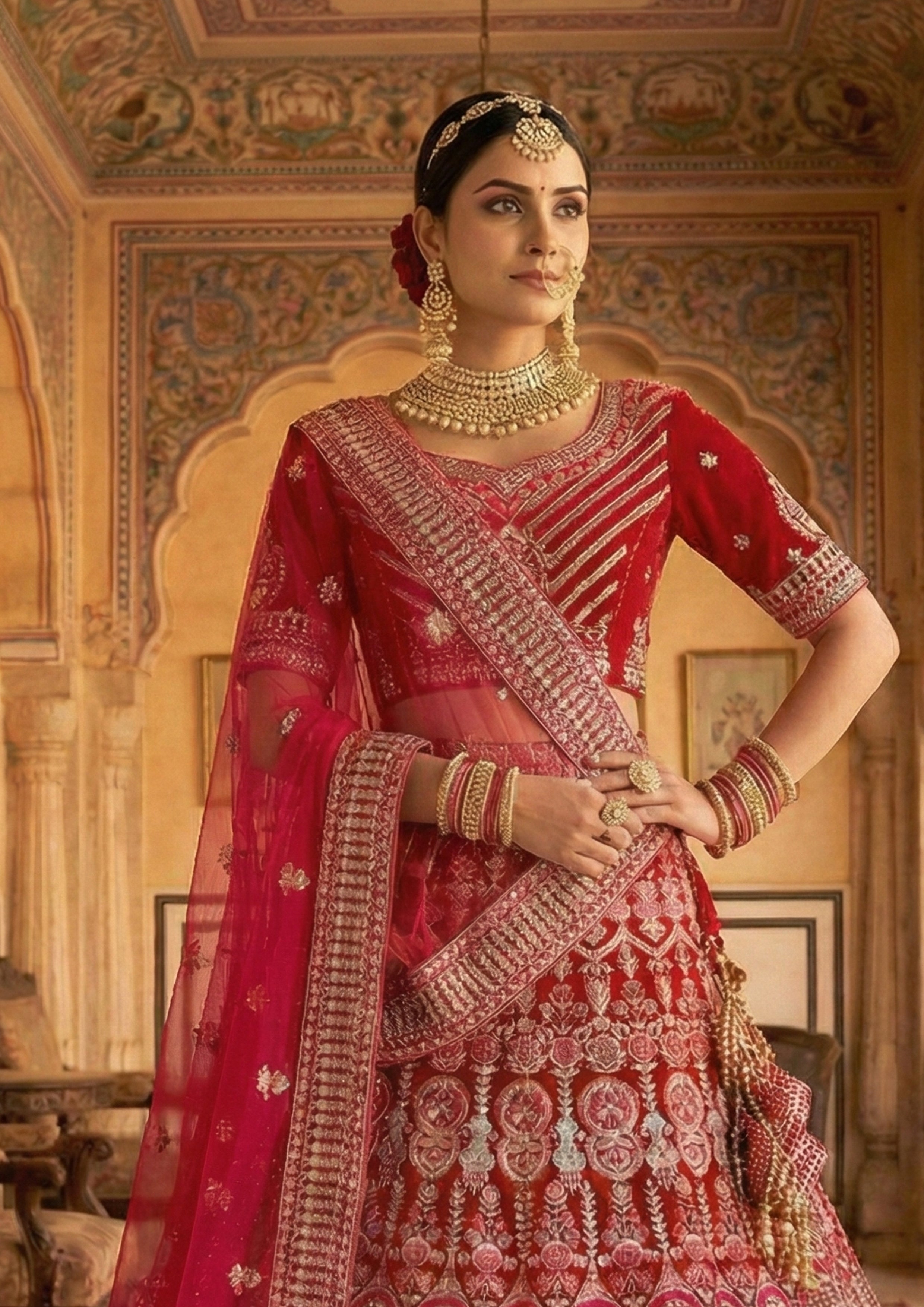 Deep Red Embellished Premium Velvet Lehenga Set
