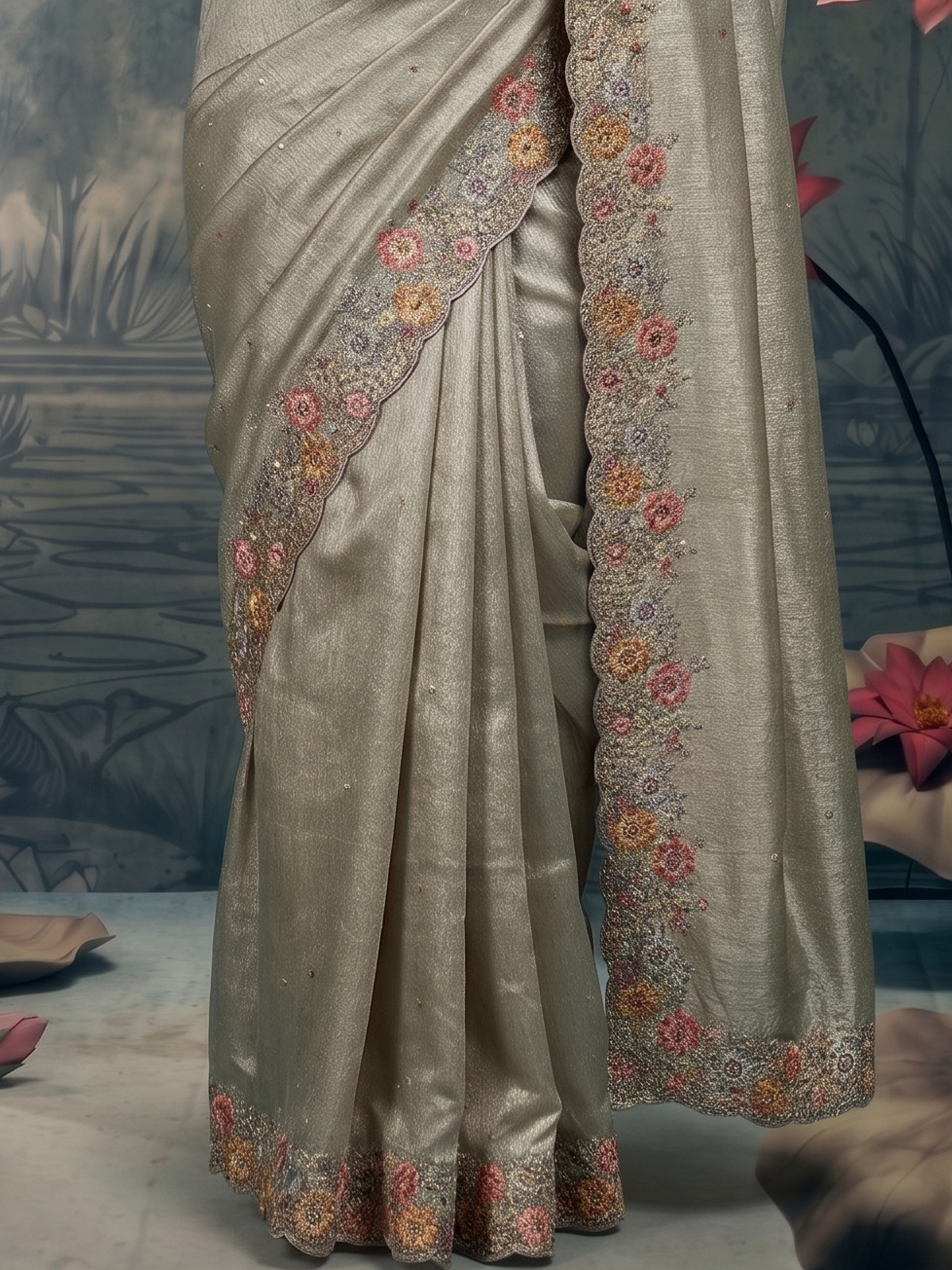 Silver Mist Embellished Tissue Silk Saree