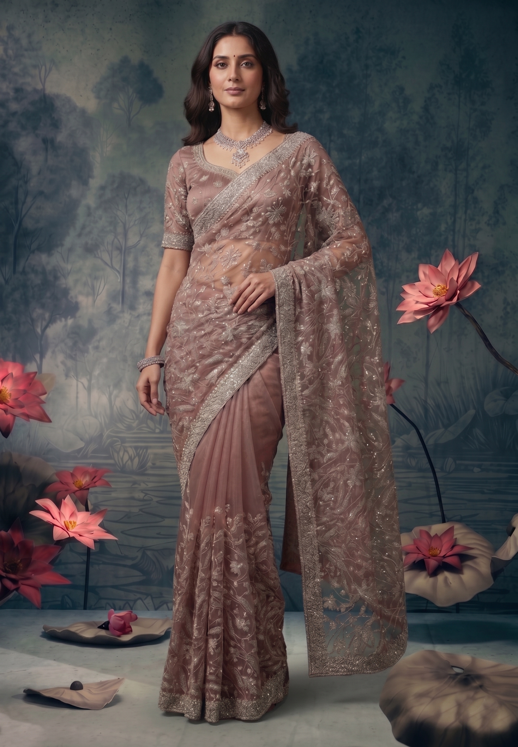 Mauve Mist Embellished Premium Net Saree