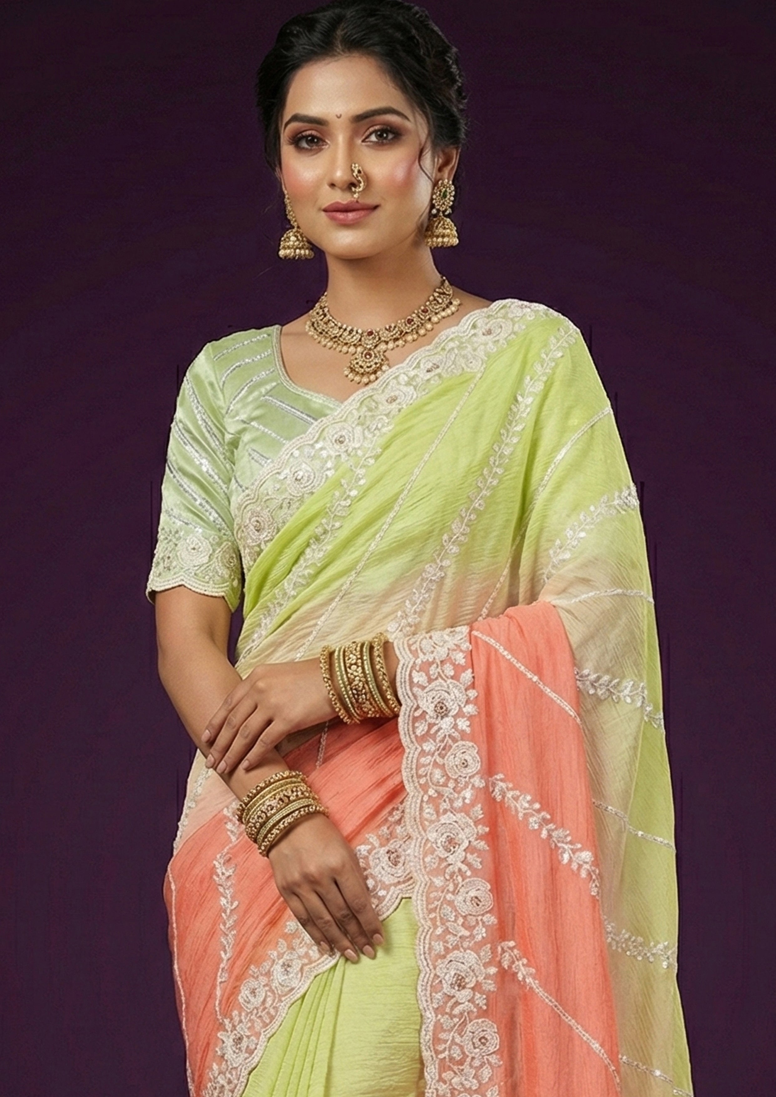Lime & Peach Ombre Embellished Crushed Silk Saree
