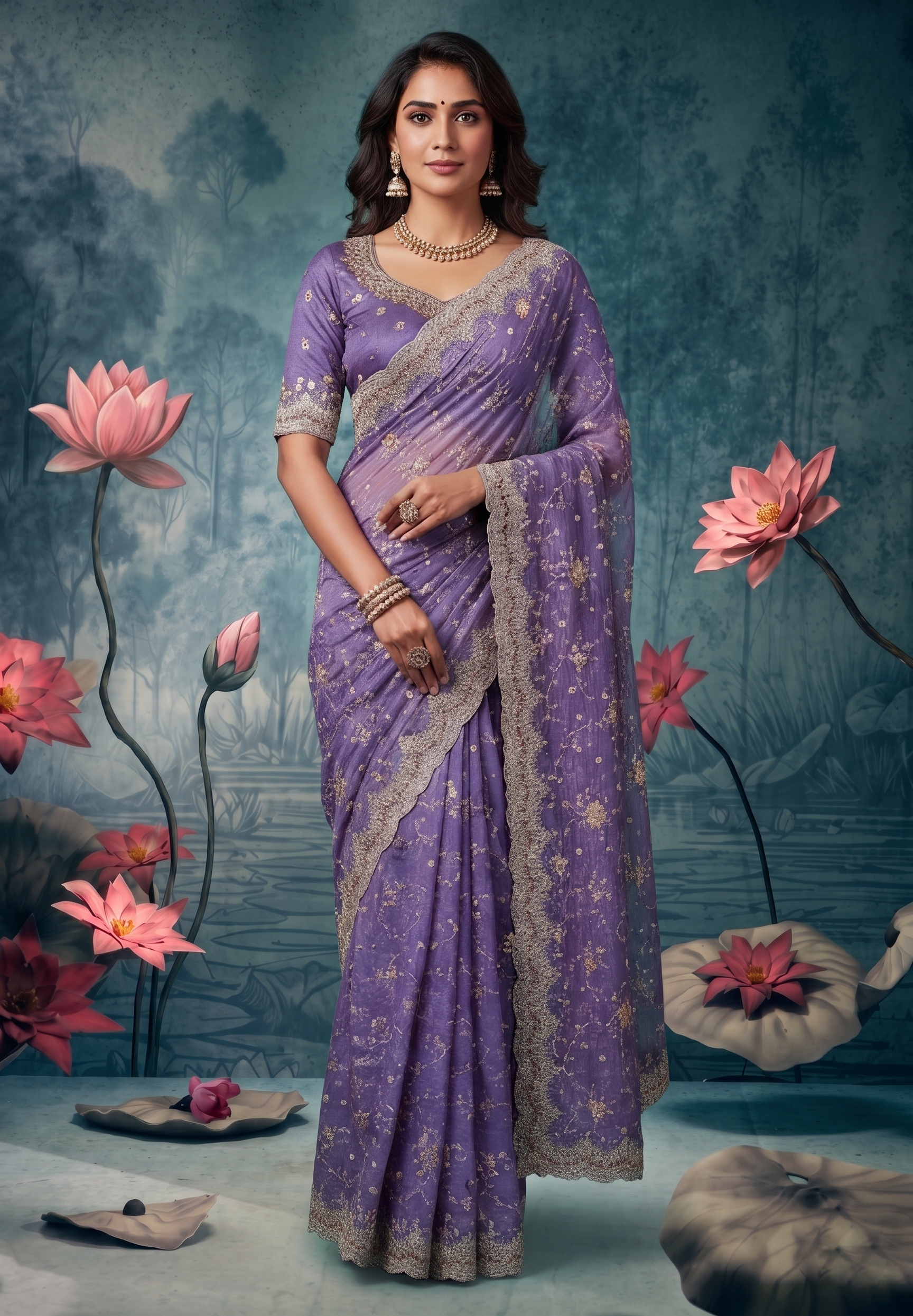 Lavish Lavender Embellished Premium Net Saree
