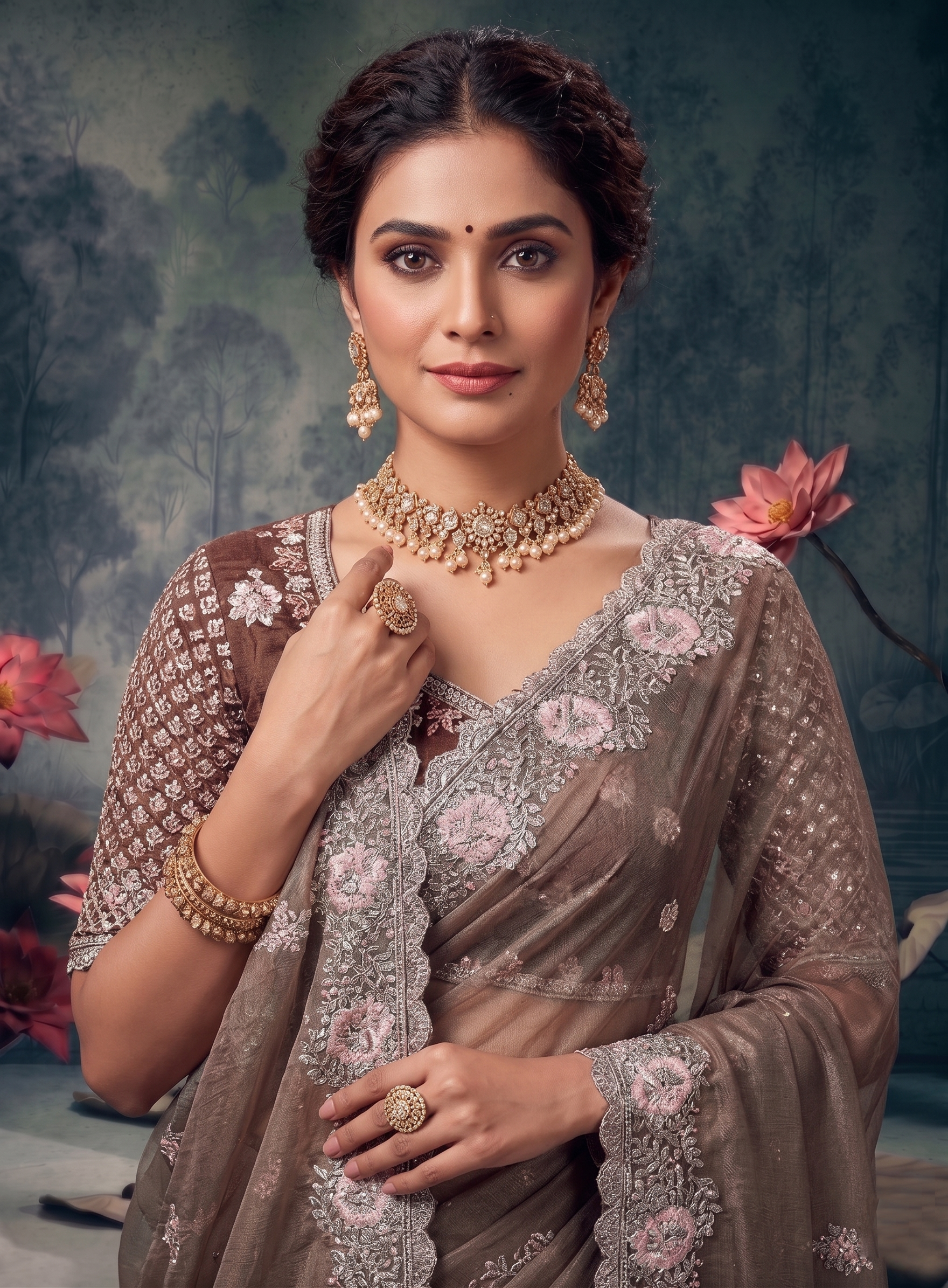 Mocha Flora Embellished Organza Tissue Silk Saree