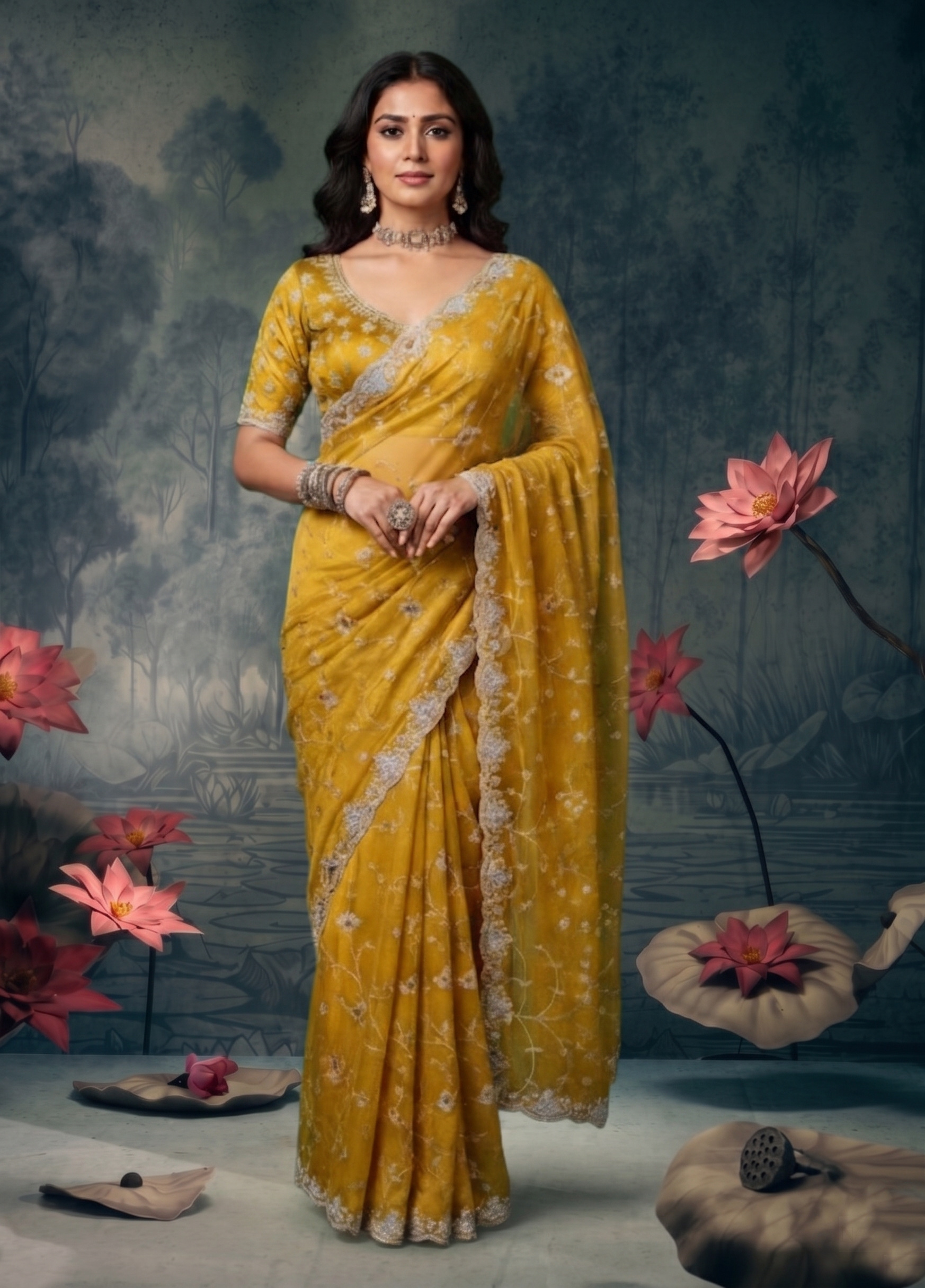 Mustard Yellow Embellished Organza Silk Saree