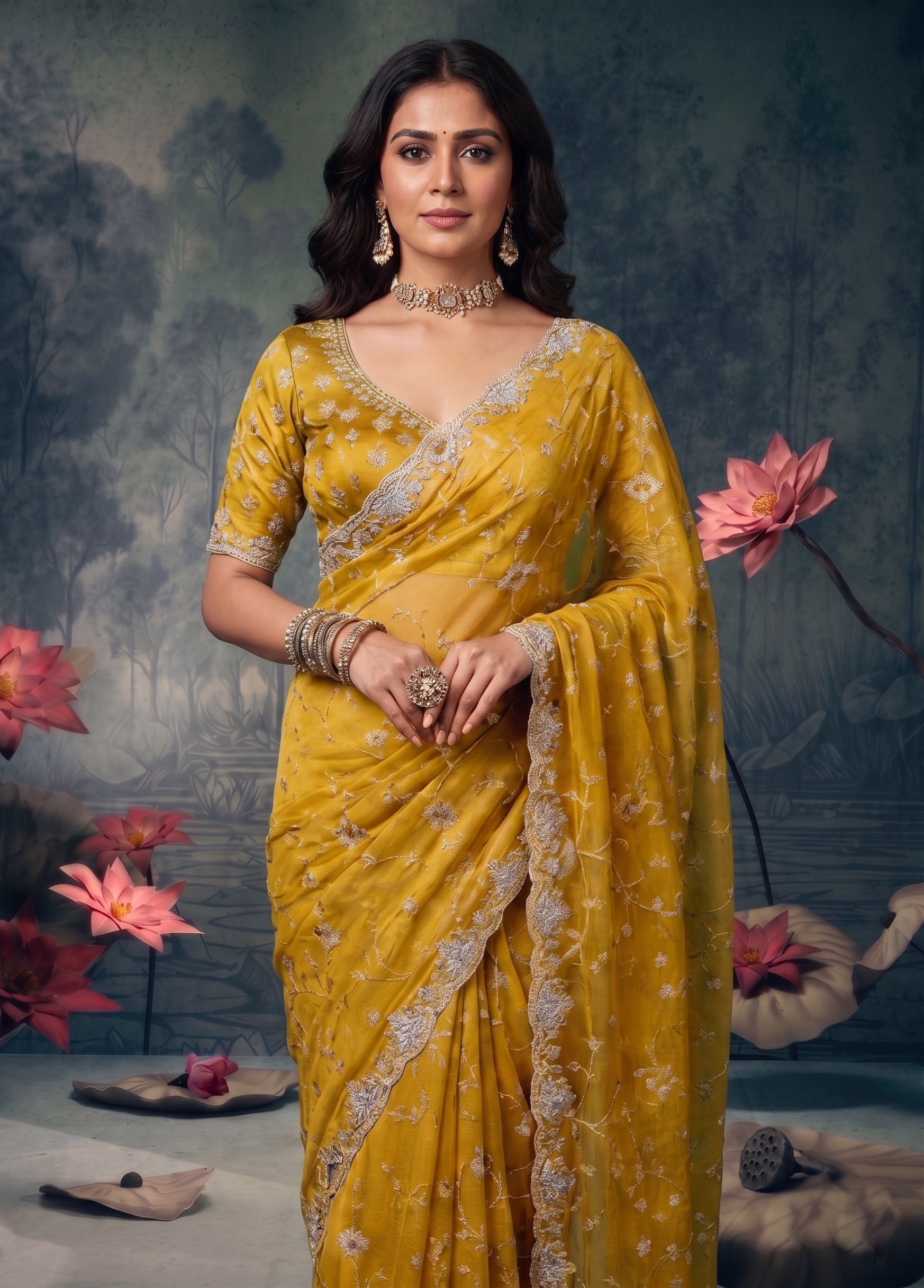 Mustard Yellow Embellished Organza Silk Saree