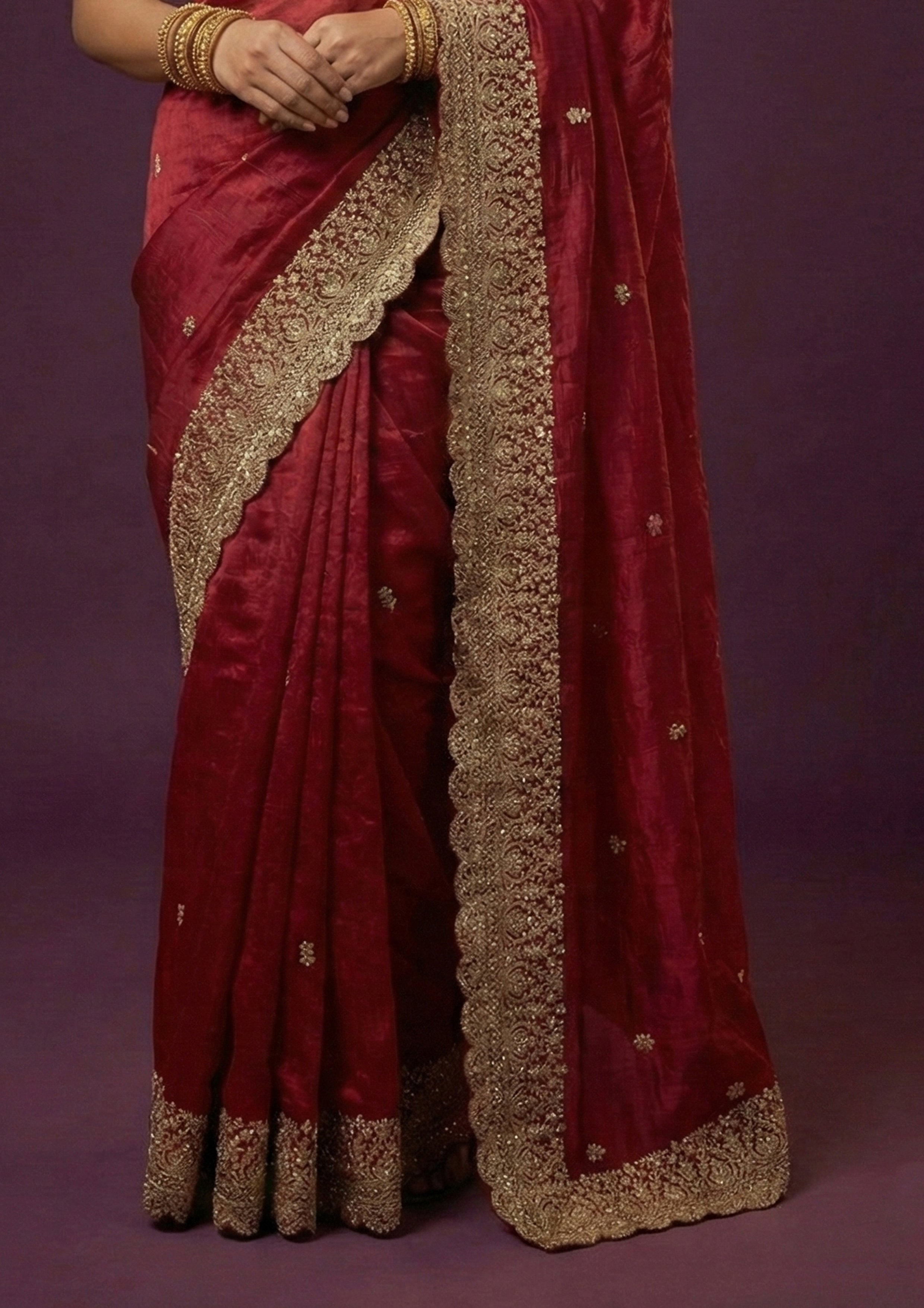 Ruby Red Embroidered Satin Silk Saree