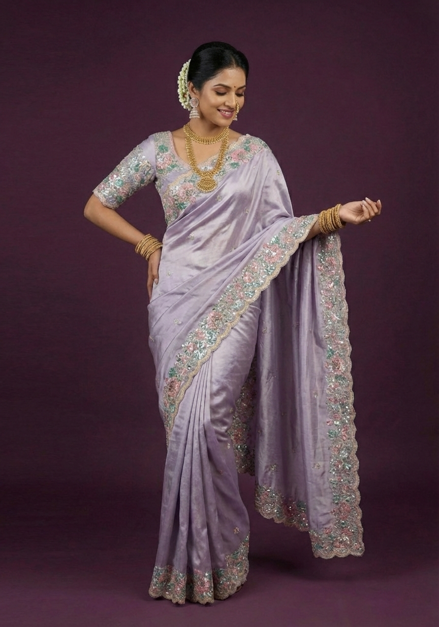 Pastel Lilac Embellished Tissue Silk Saree