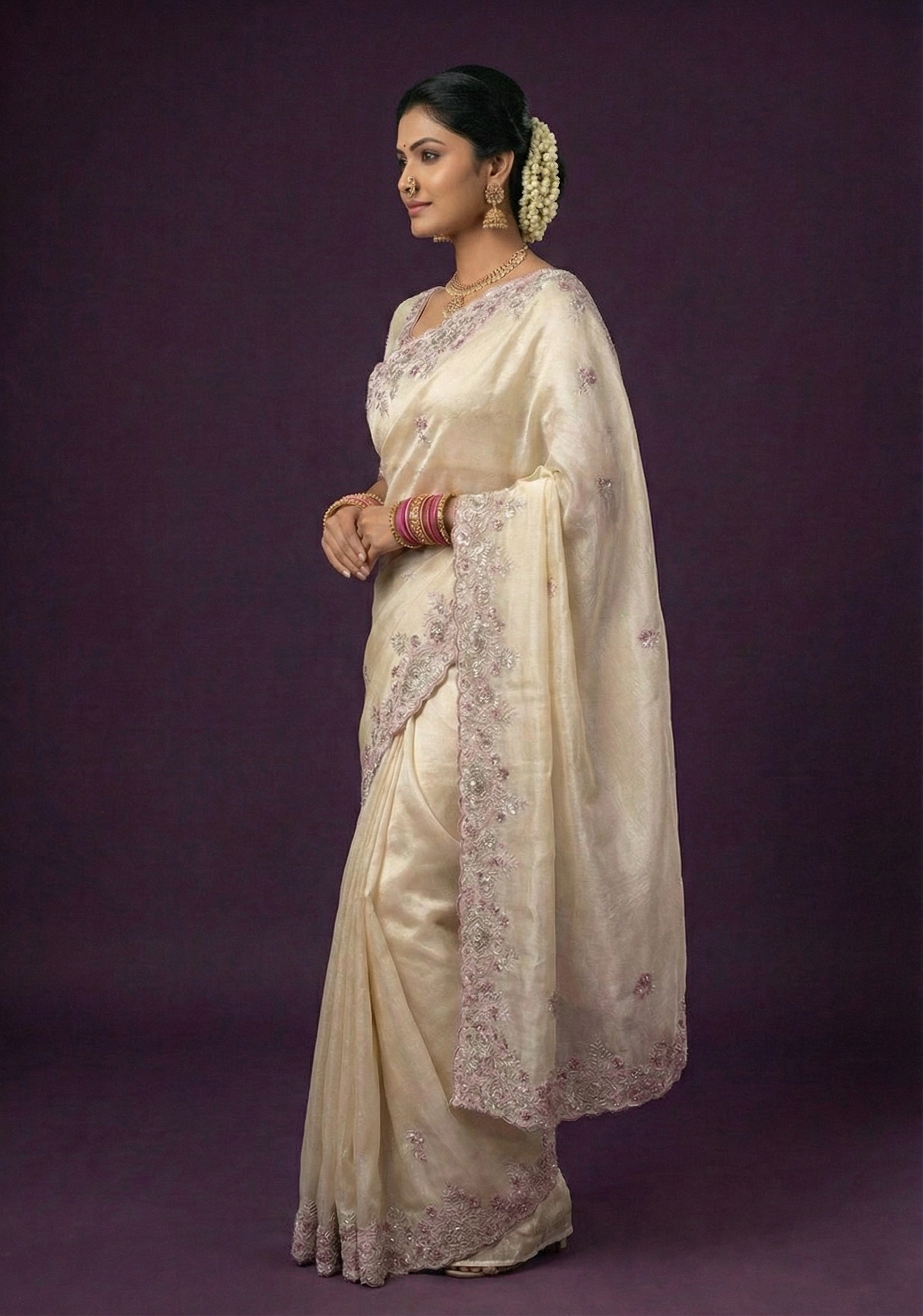 Soft Champagne Embellished Shimmer Tissue Silk Saree