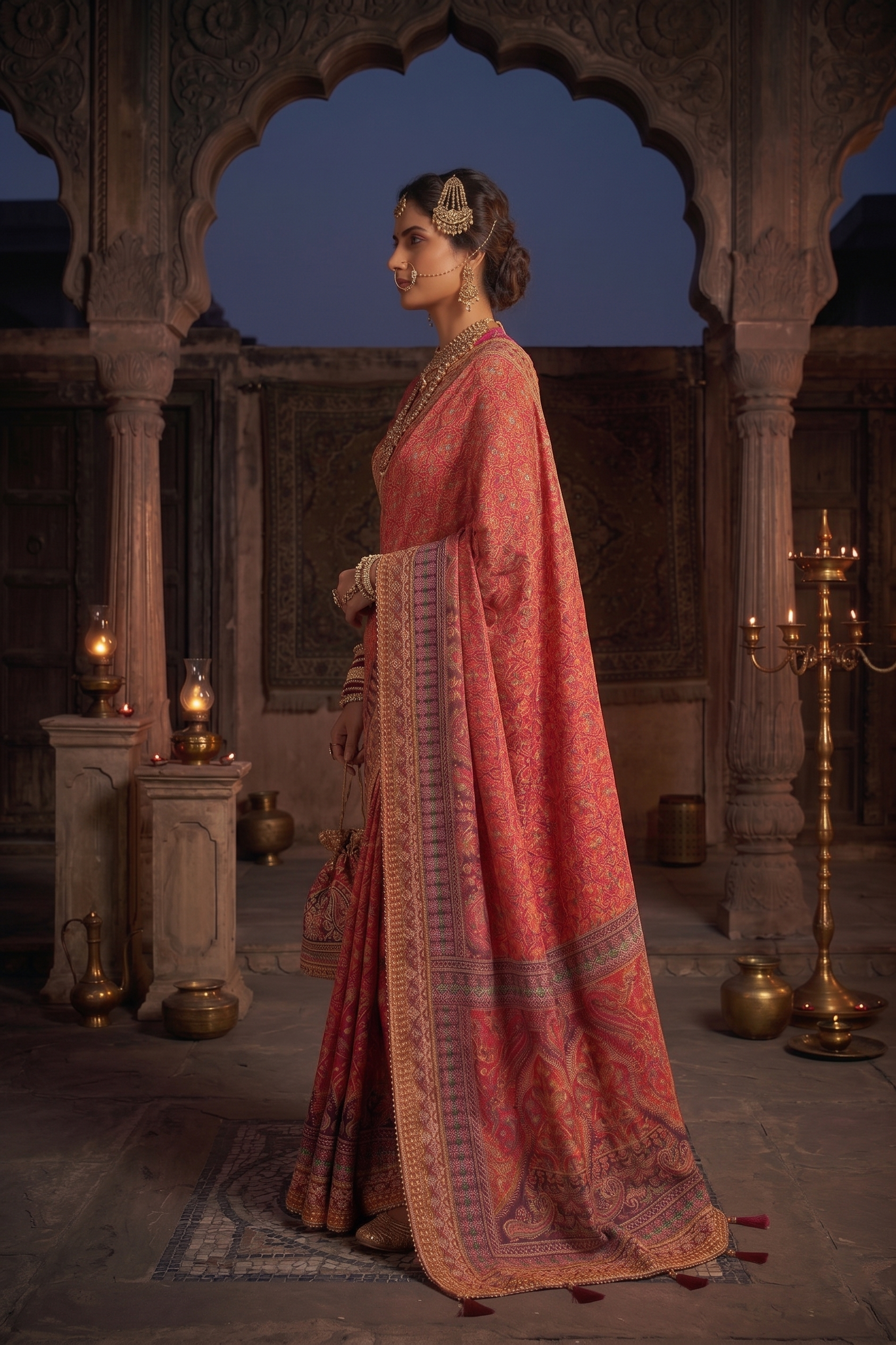 Pink Geometric Printed Crepe Silk Saree