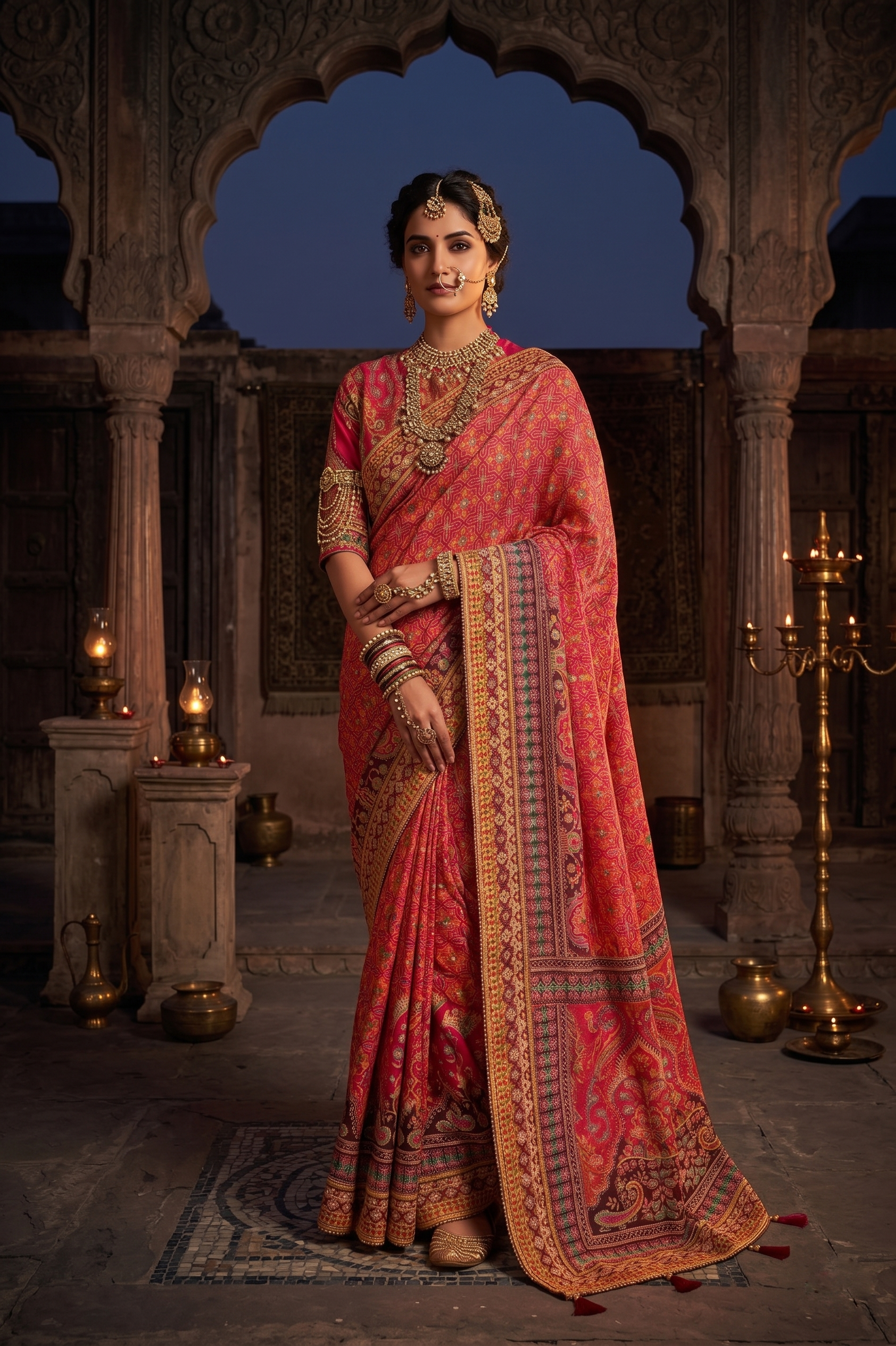 Pink Geometric Printed Crepe Silk Saree