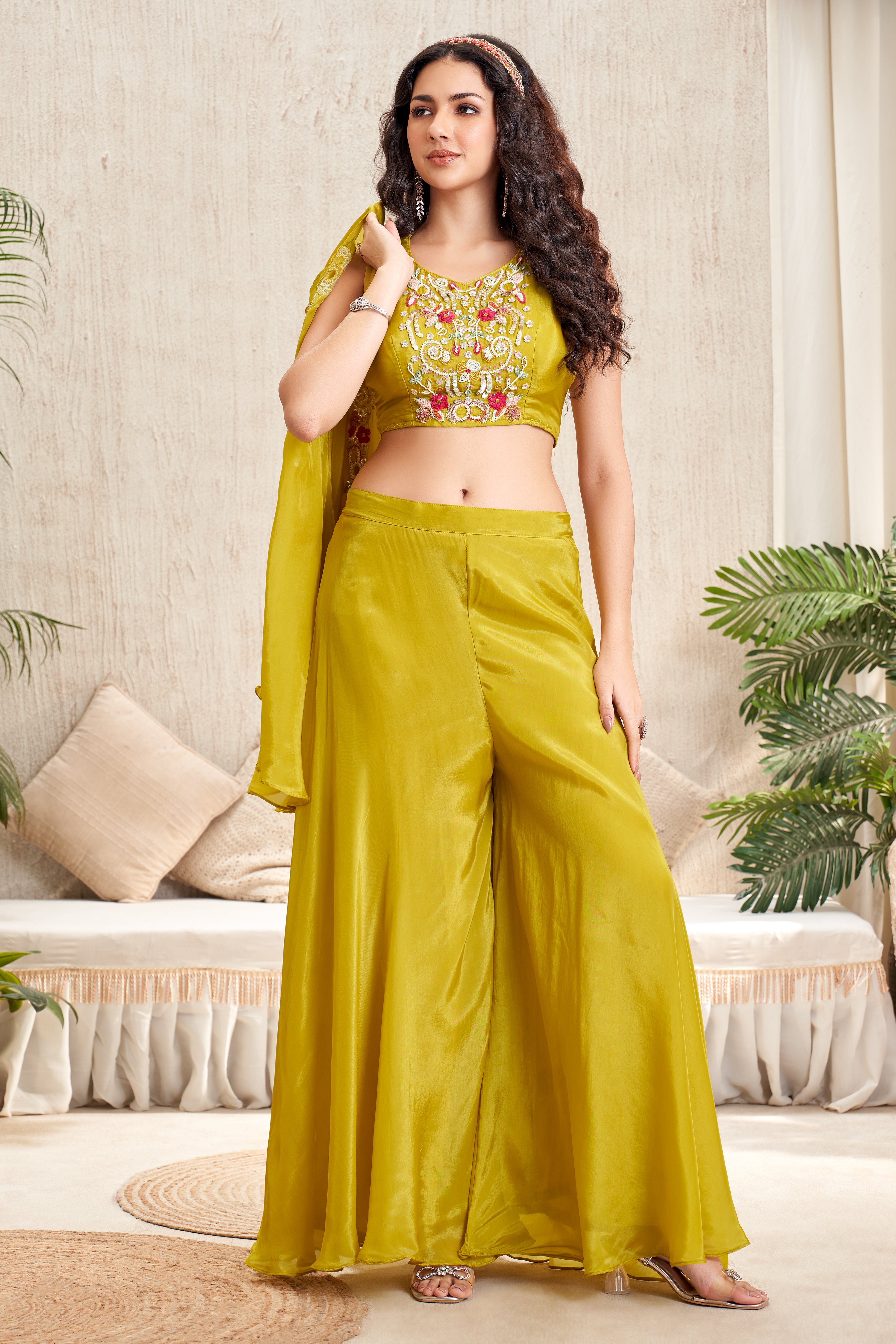 Bright Yellow Embellished Crepe Silk Cape Set