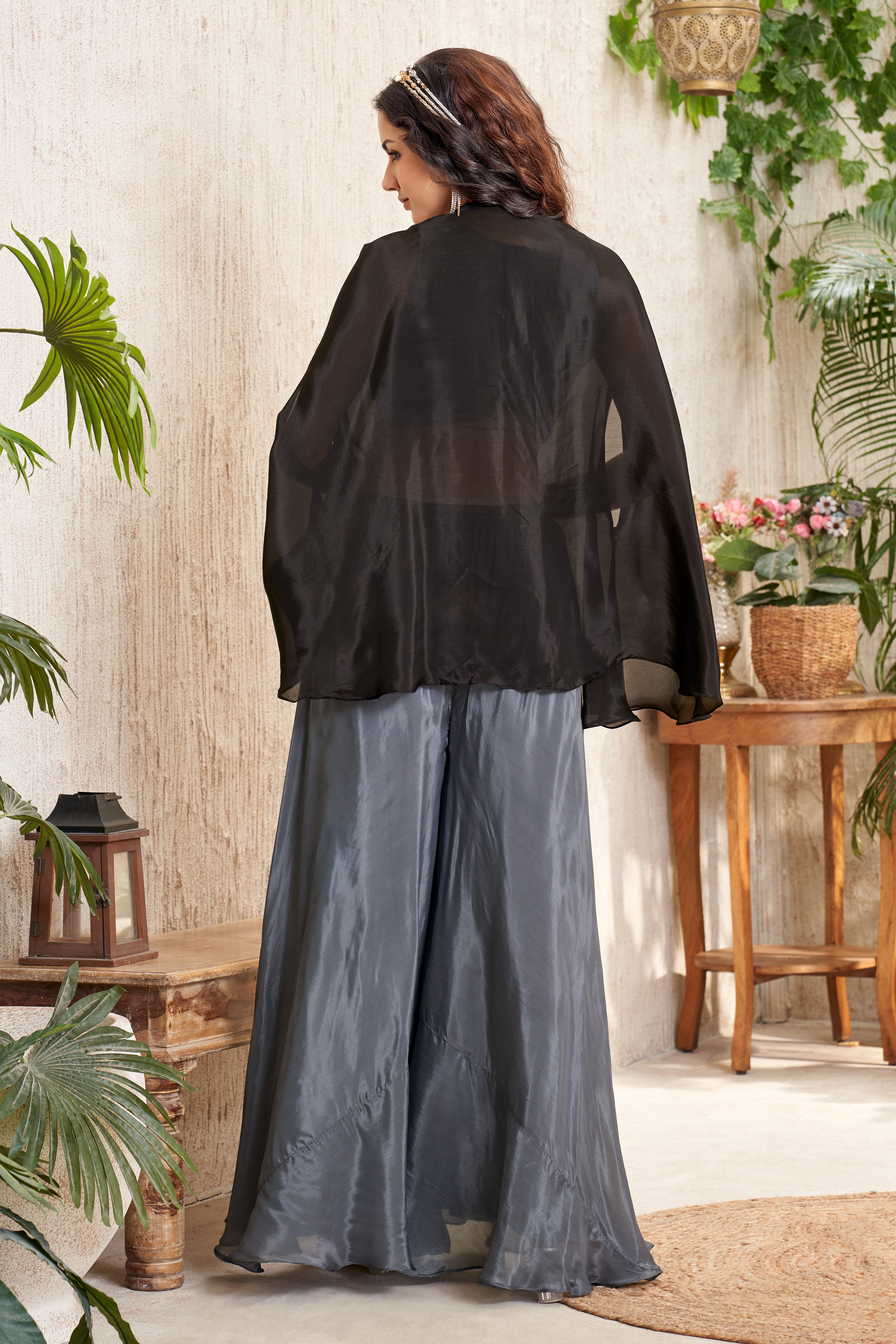 Smoky Grey Embellished Crepe Silk Cape Set