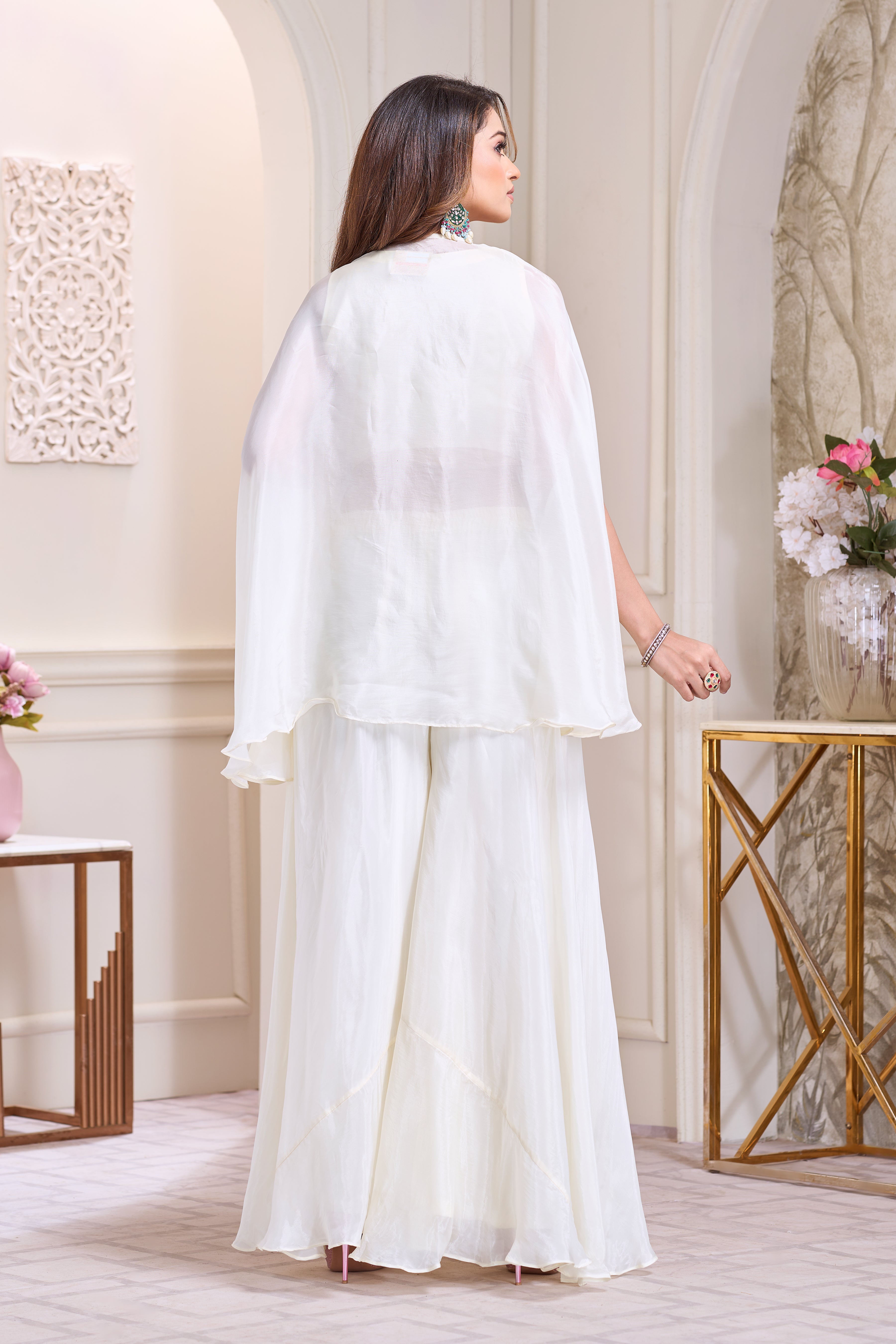 Ivory White Embellished Crepe Silk Cape Set