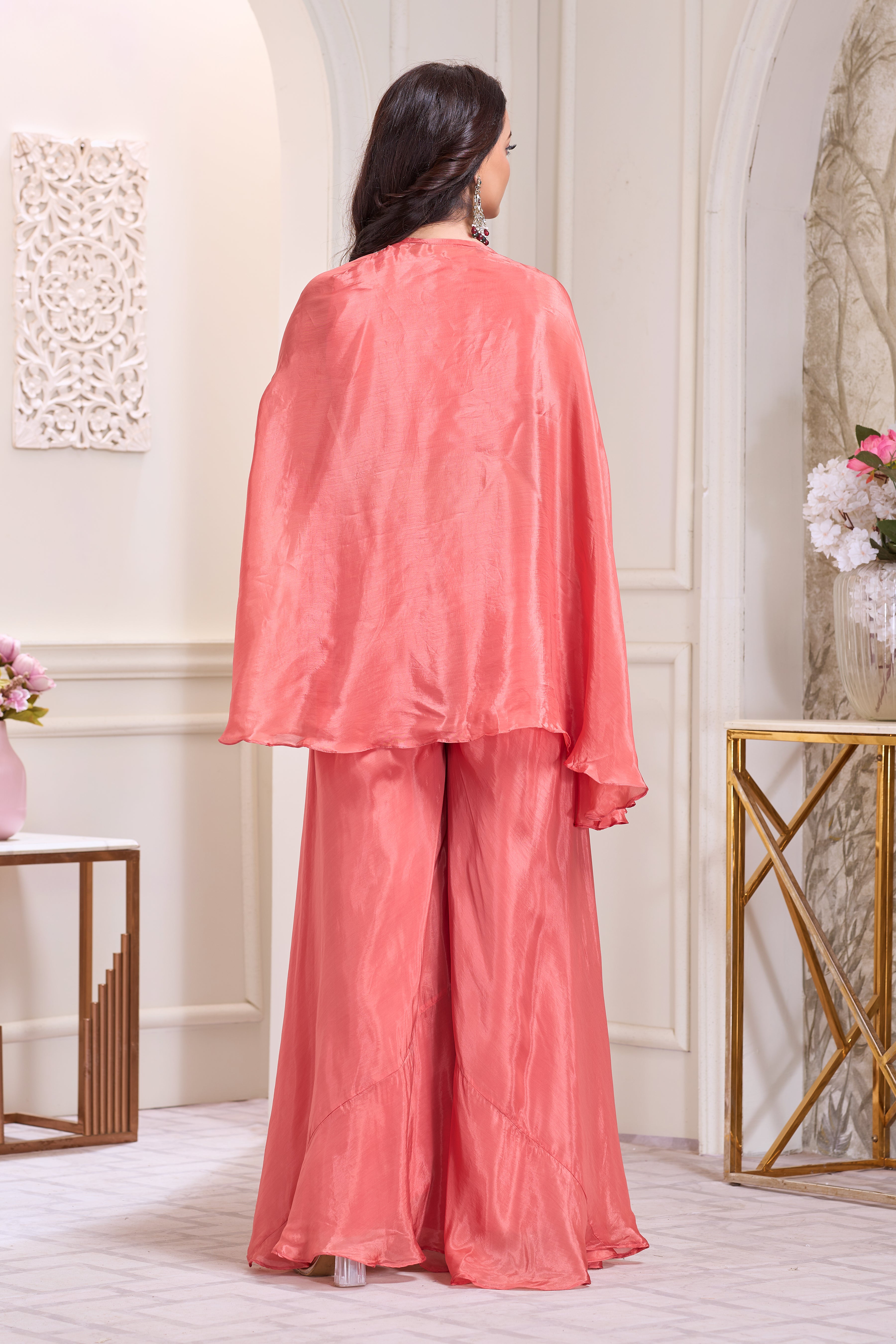 Tropical Coral Embellished Crepe Silk Cape Set