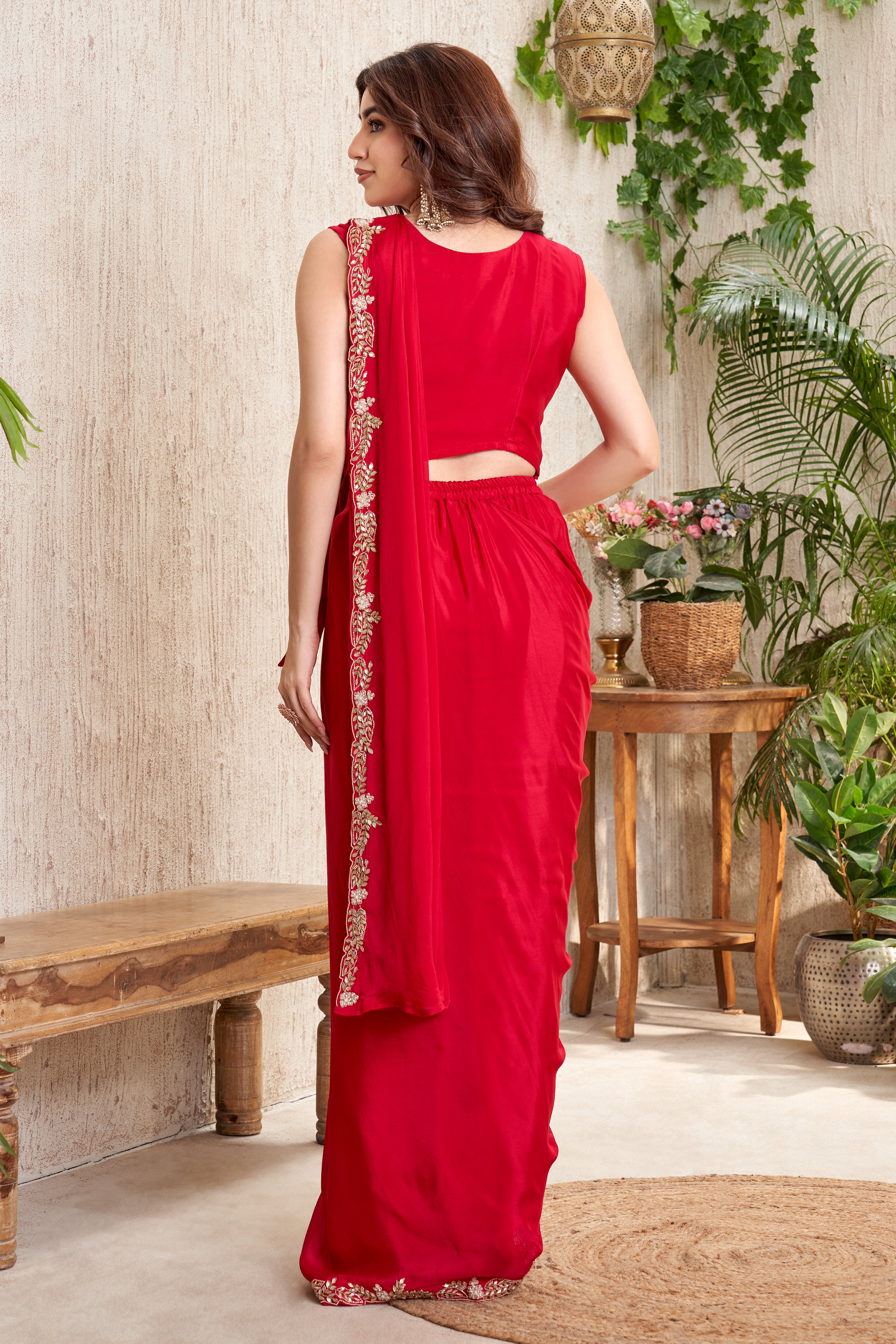 Scarlet Red Embellished Chinon Silk Drape Saree