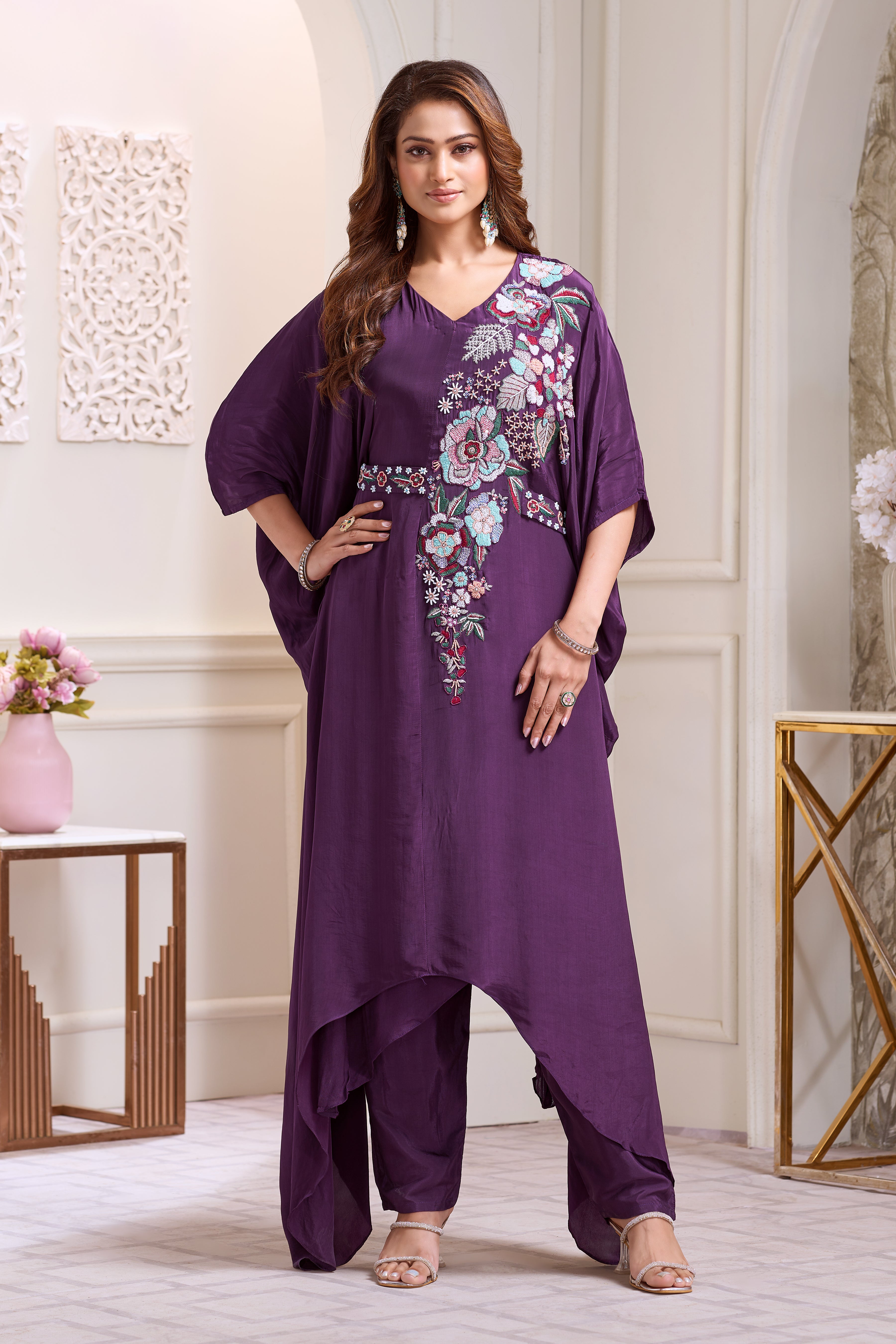 Majestic Purple Embellished Chinon Silk Kaftan Set