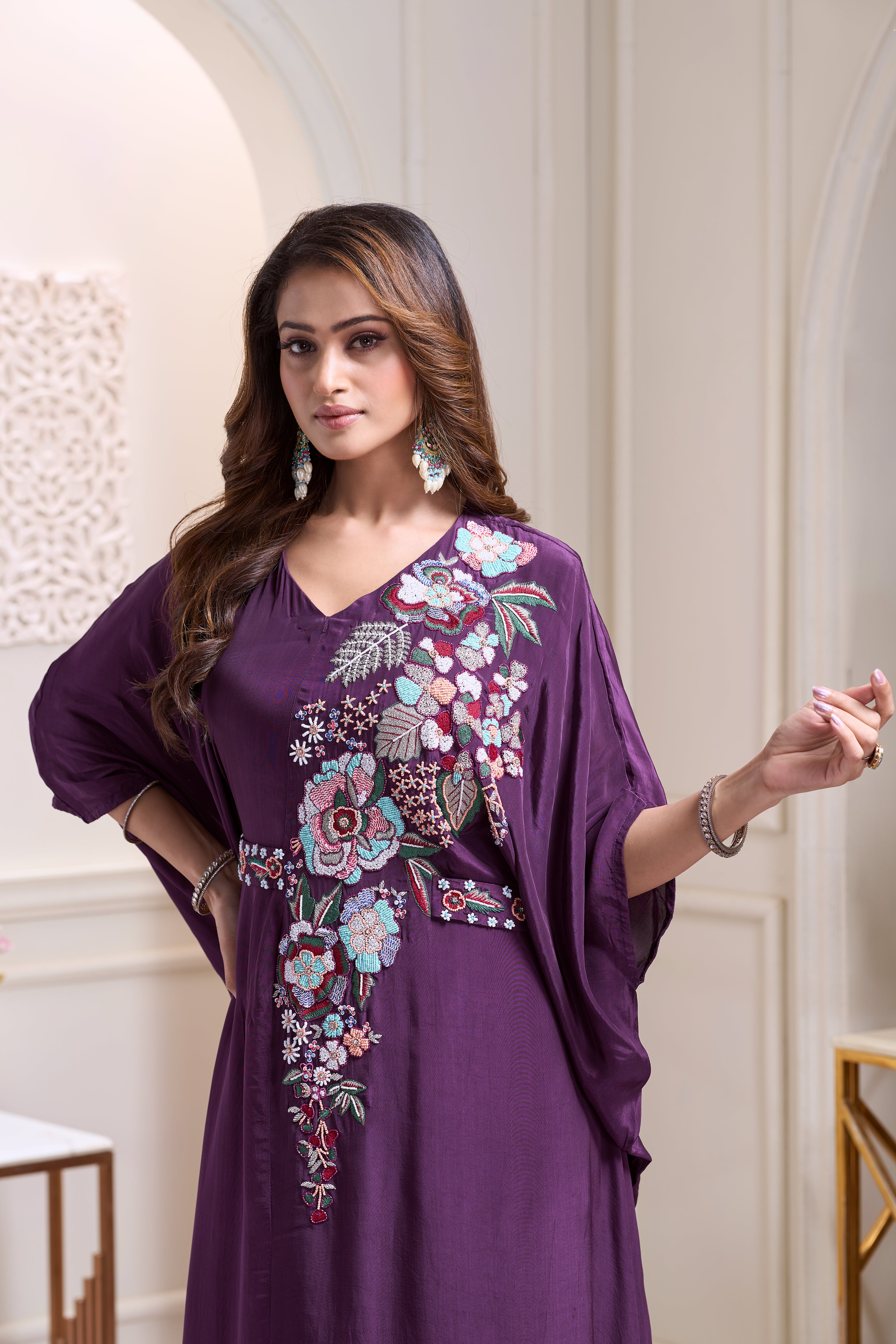 Majestic Purple Embellished Chinon Silk Kaftan Set