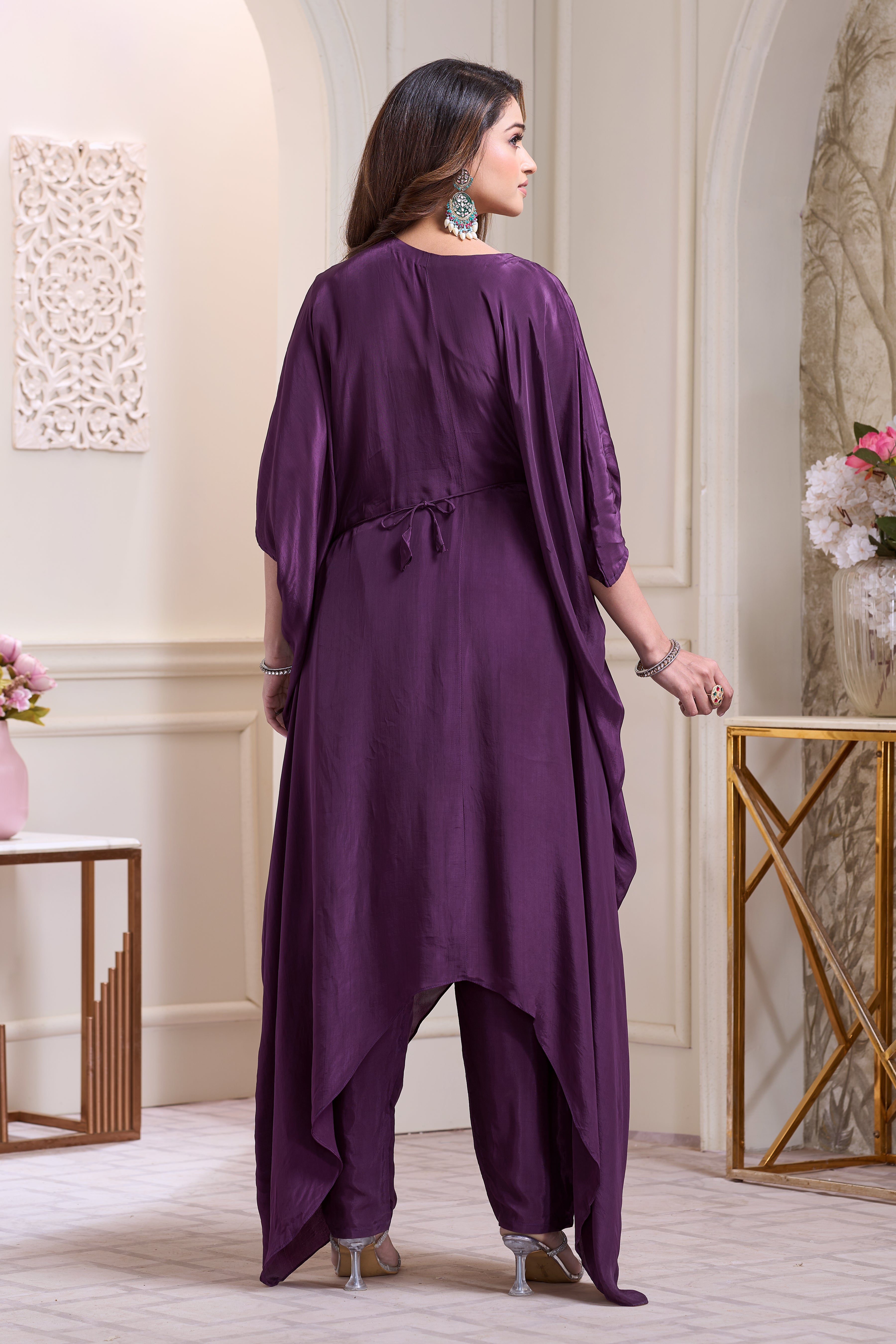 Majestic Purple Embellished Chinon Silk Kaftan Set