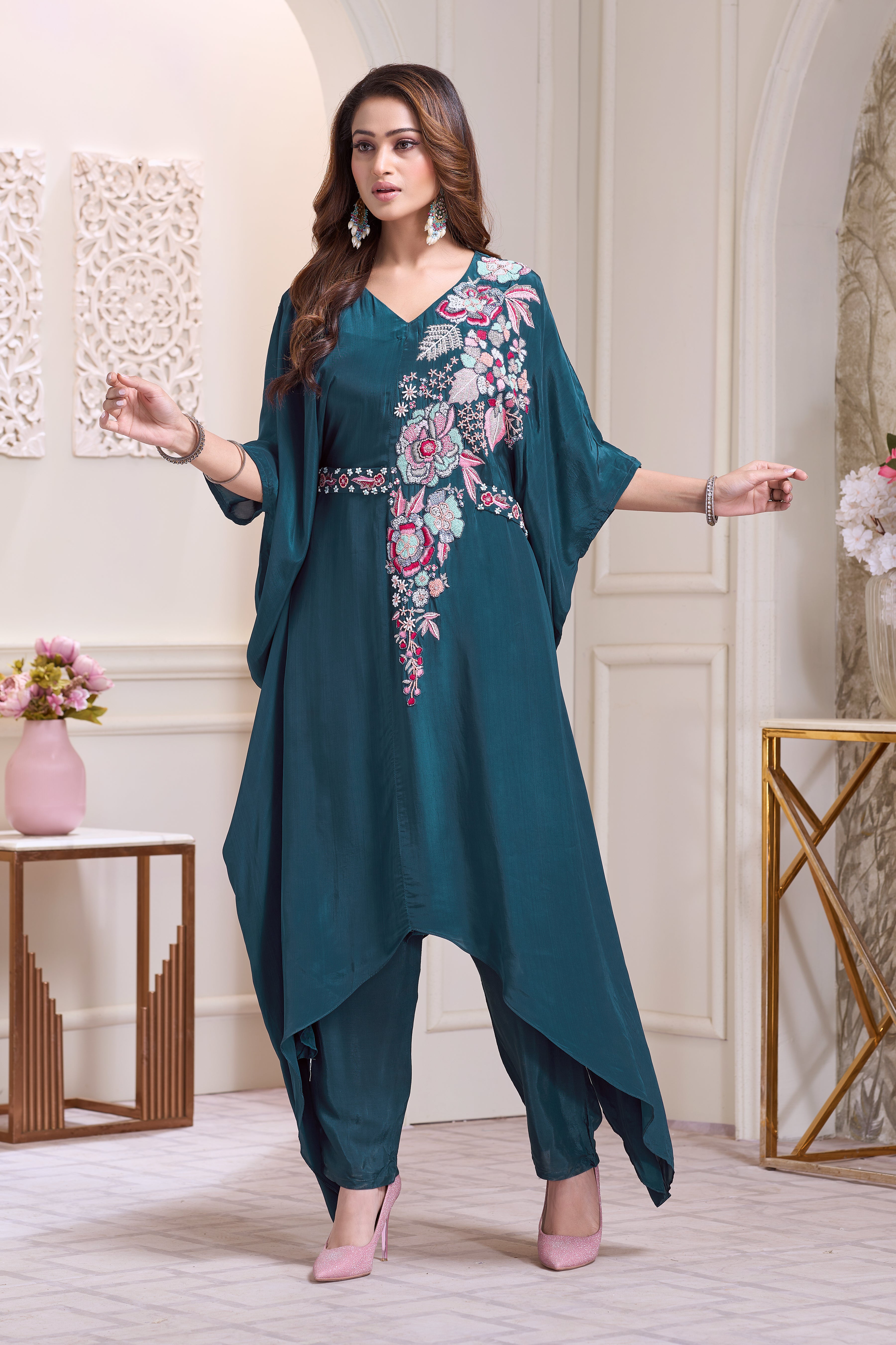 Aqua Teal Embellished Chinon Silk Kaftan Set