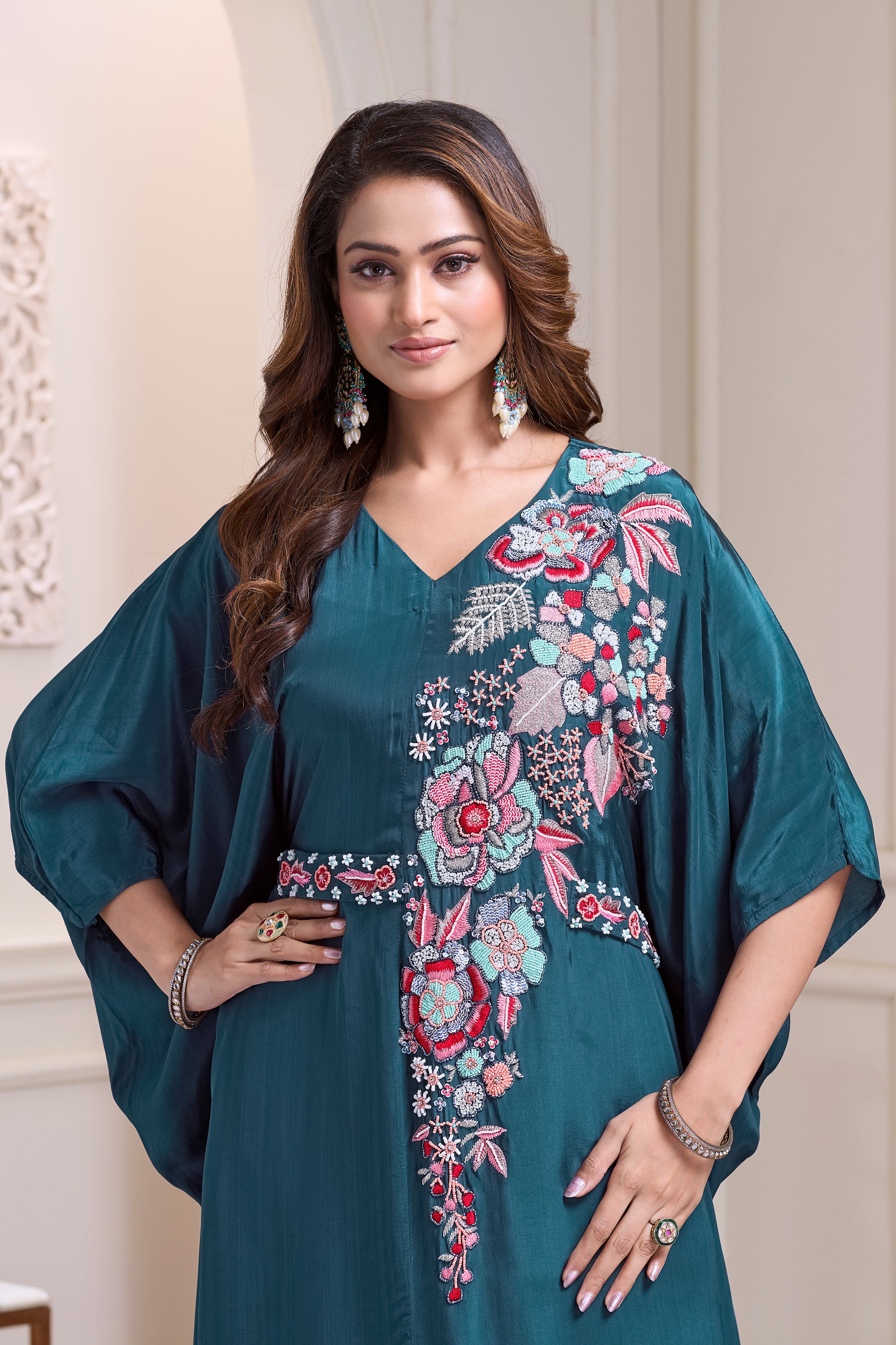 Aqua Teal Embellished Chinon Silk Kaftan Set