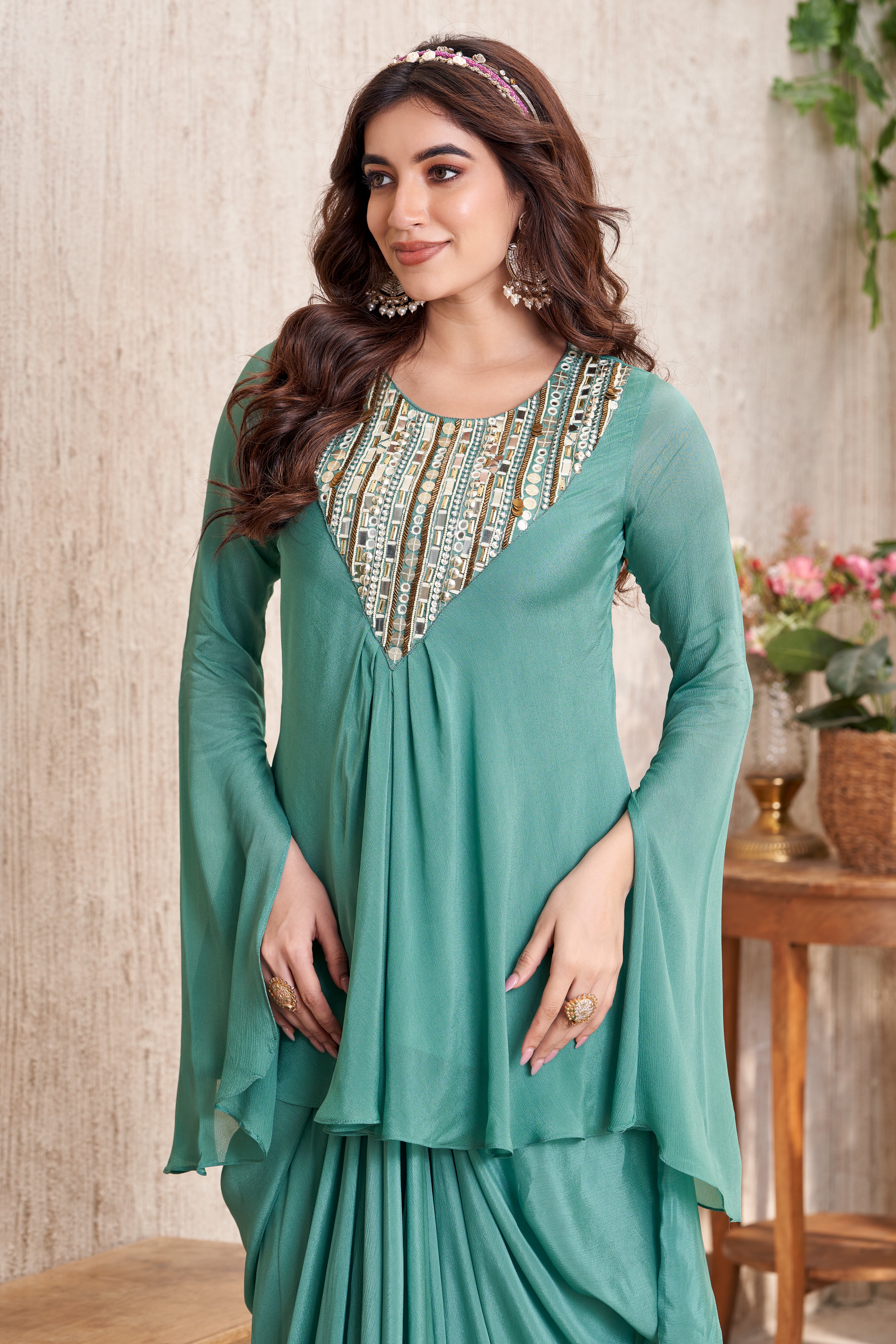 Pastel Green Embellished Chinon Silk Drape Skirt Set