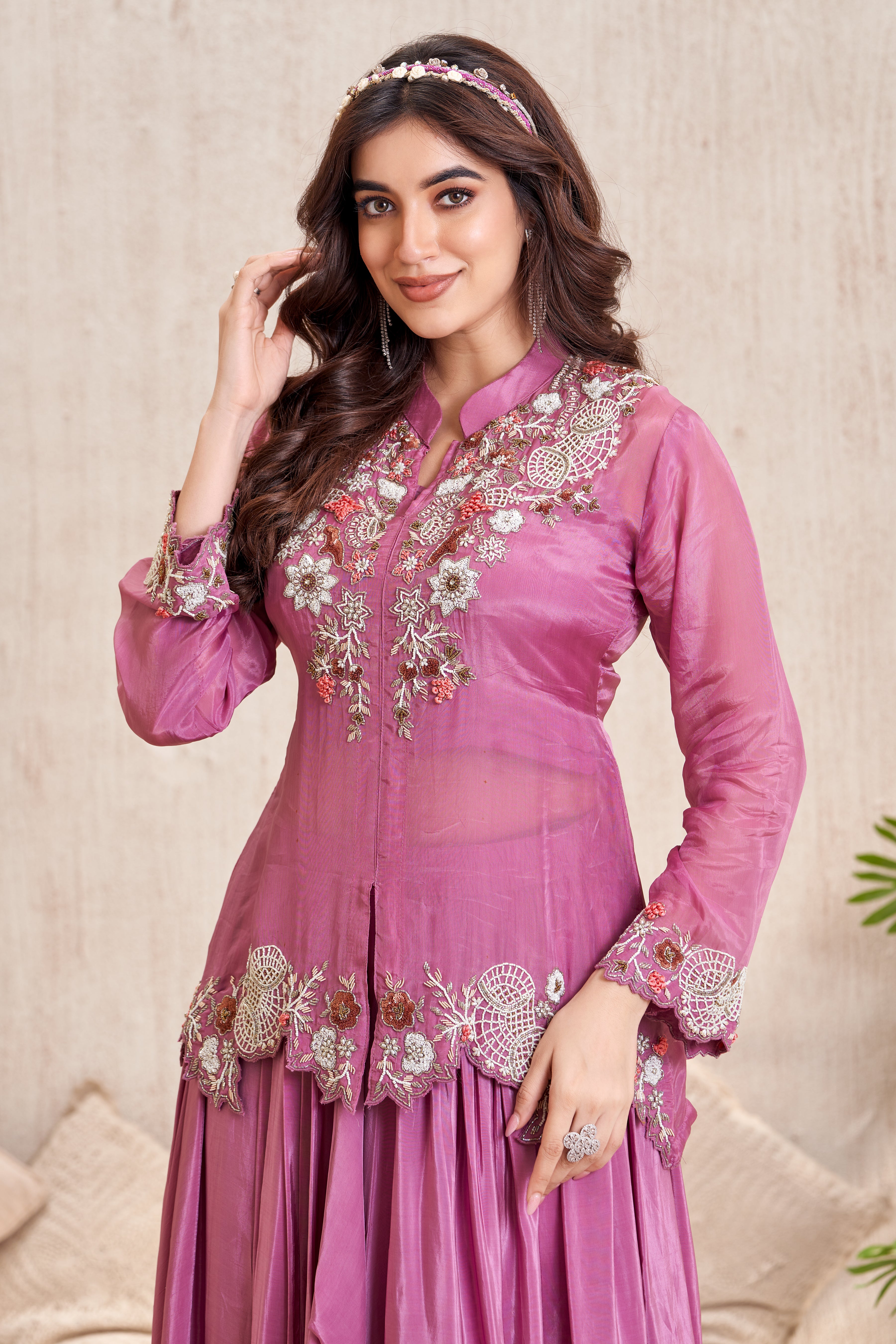 Mauve Pink Embellished Crepe Silk Skirt Set