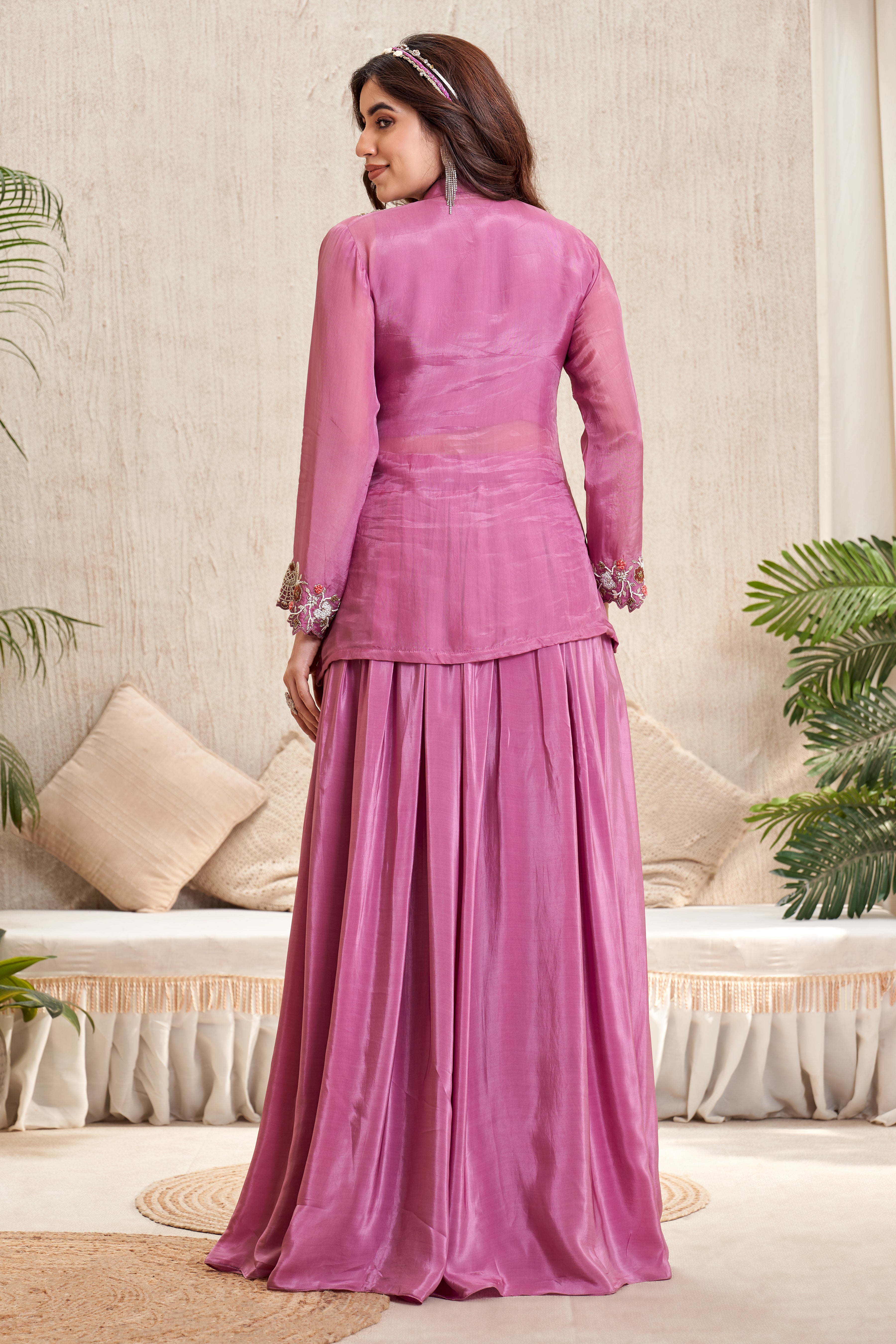 Mauve Pink Embellished Crepe Silk Skirt Set