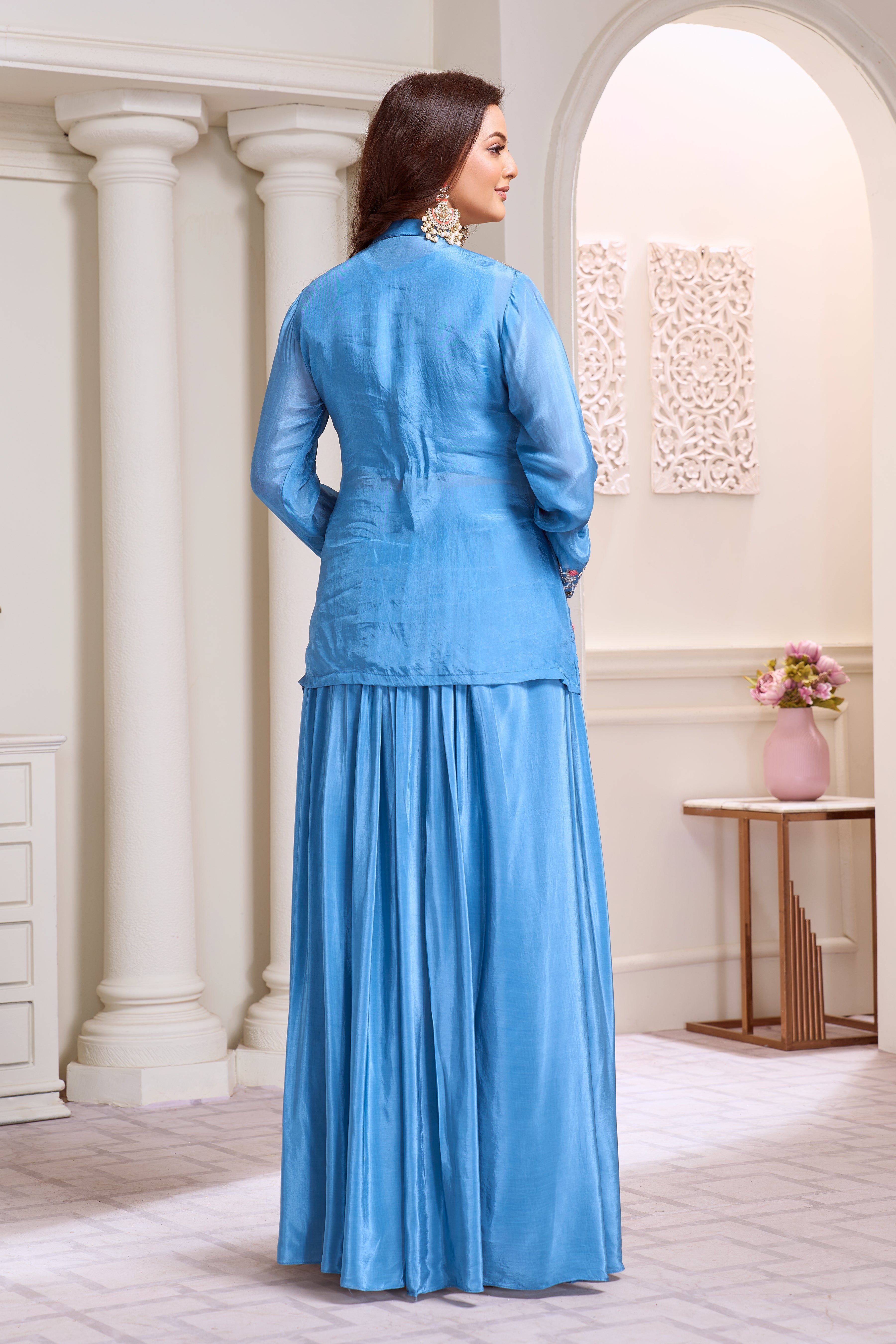 Aqua Blue Embellished Crepe Silk Skirt Set