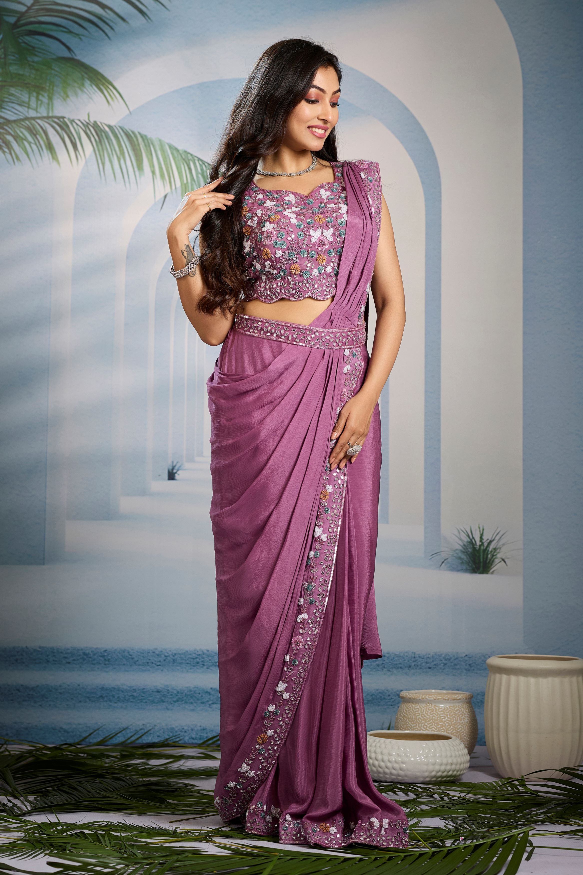 Lilac Embellished Chinon Silk Drape Saree