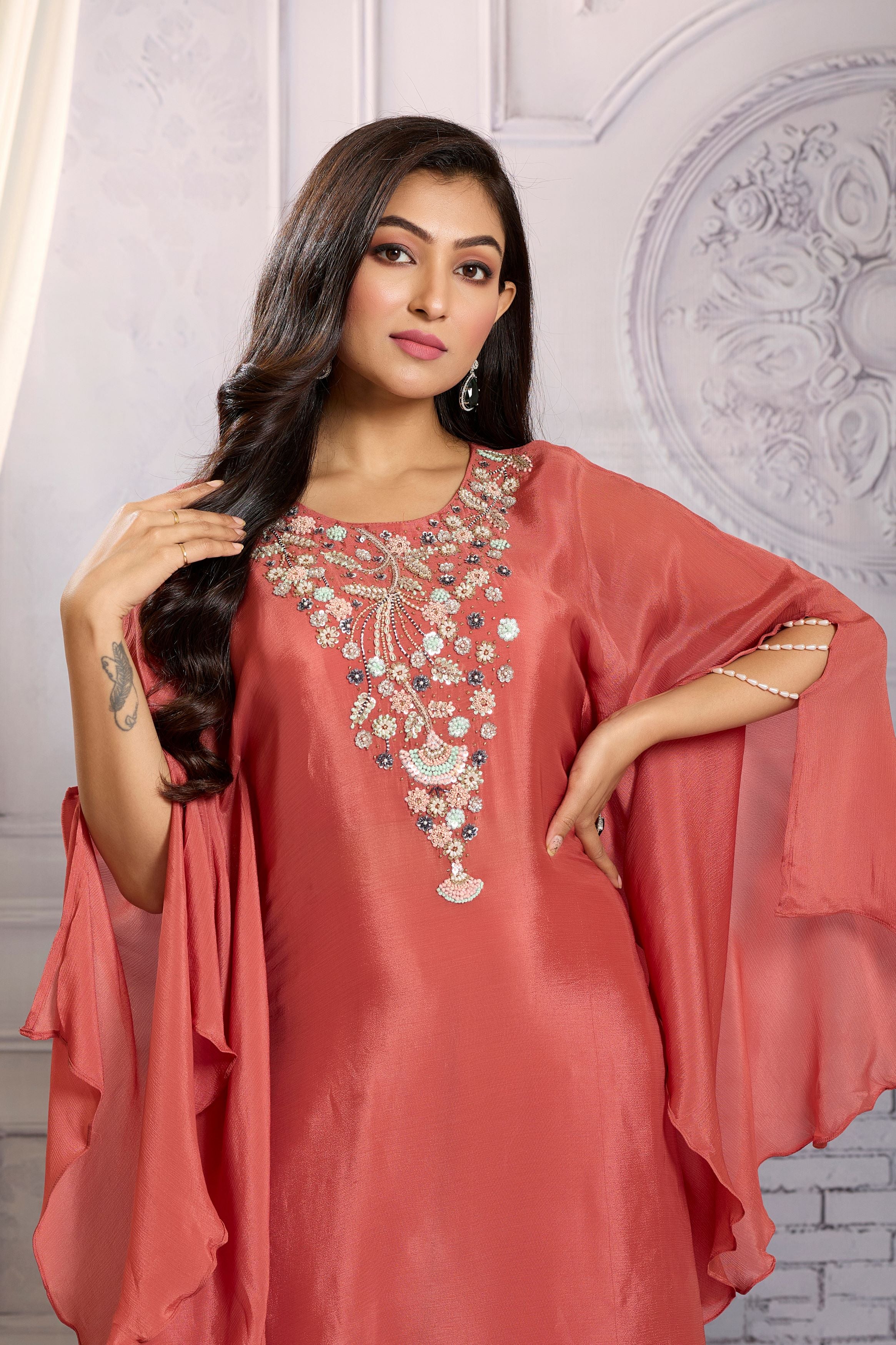 Peach Pink Embellished Chinon Silk Kaftan Set