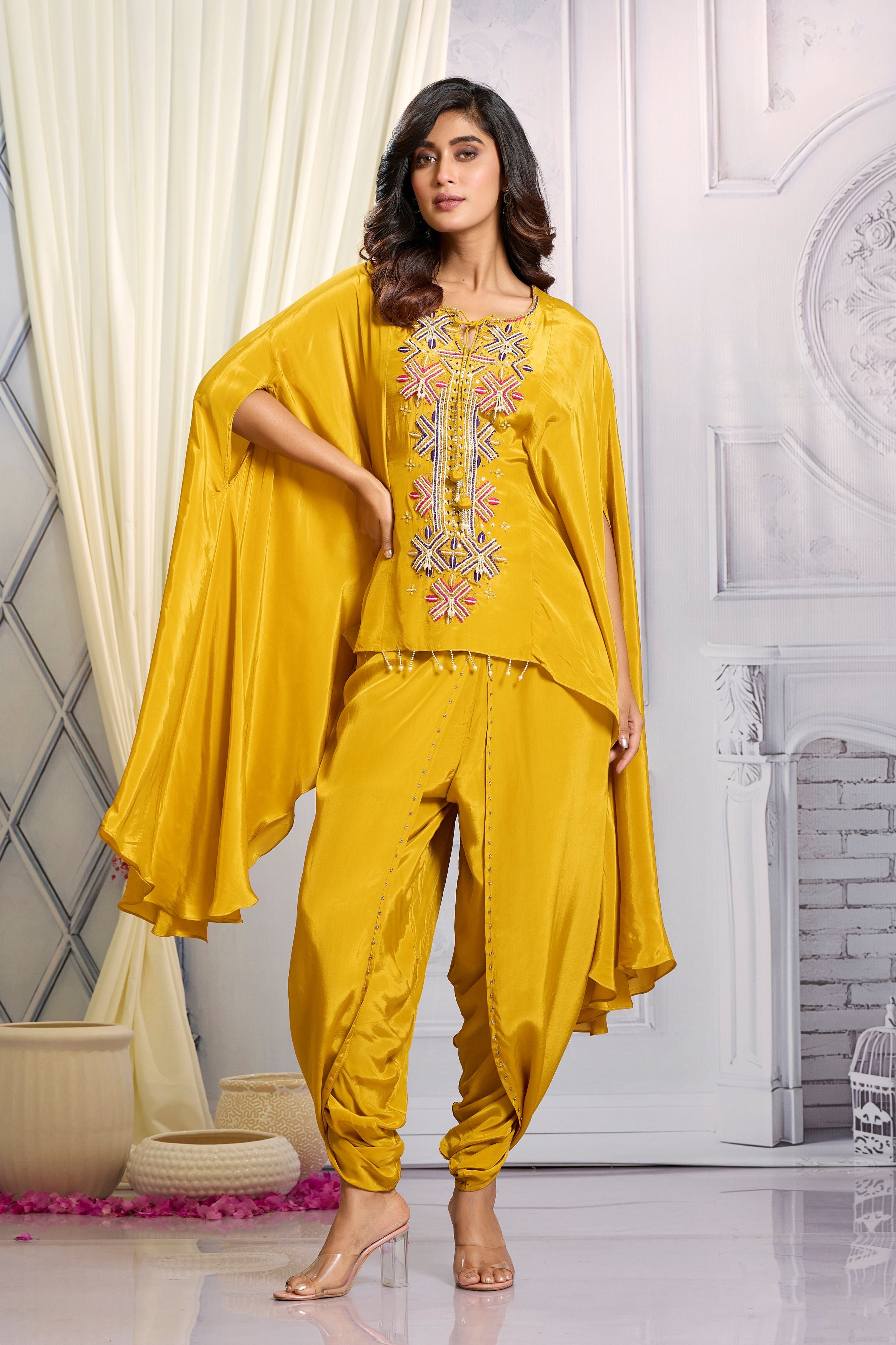 Mustard Embellished Chinon Silk Kaftan Set