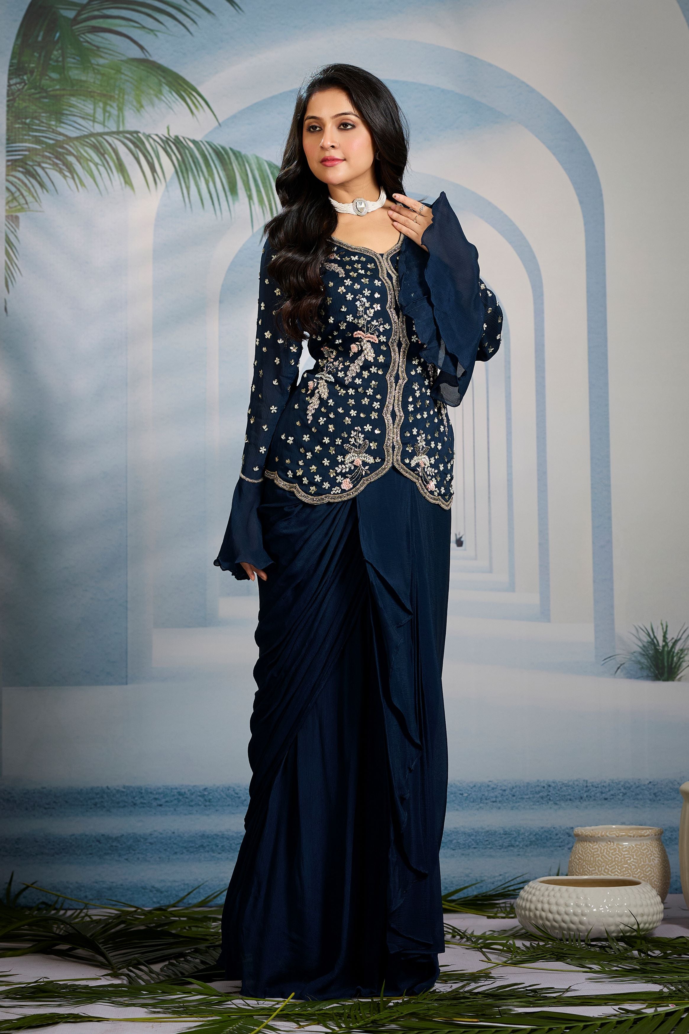 Teal Embellished Chinon Silk Skirt Set