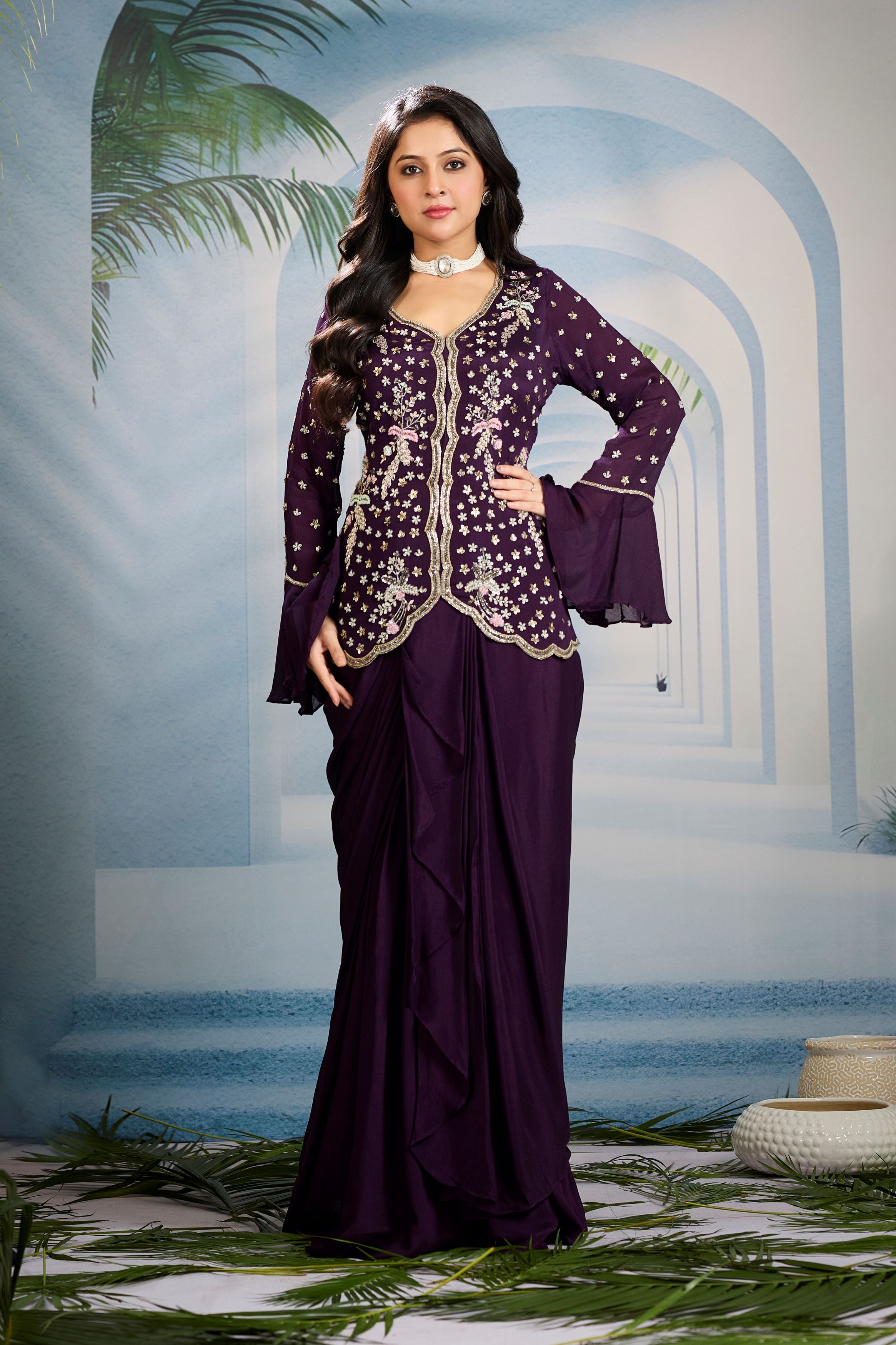 Deep Mauve Embellished Chinon Silk Skirt Set