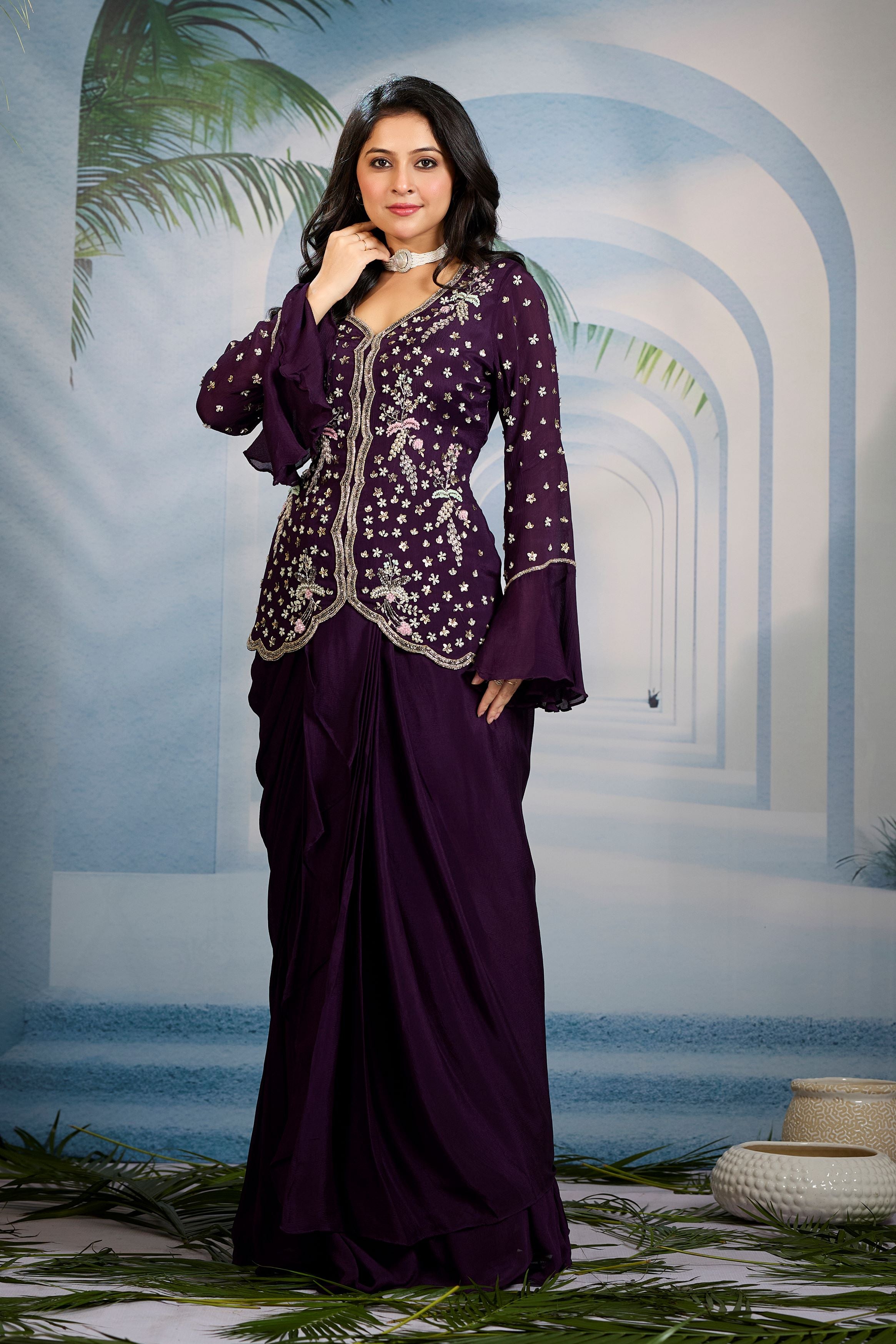 Deep Mauve Embellished Chinon Silk Skirt Set