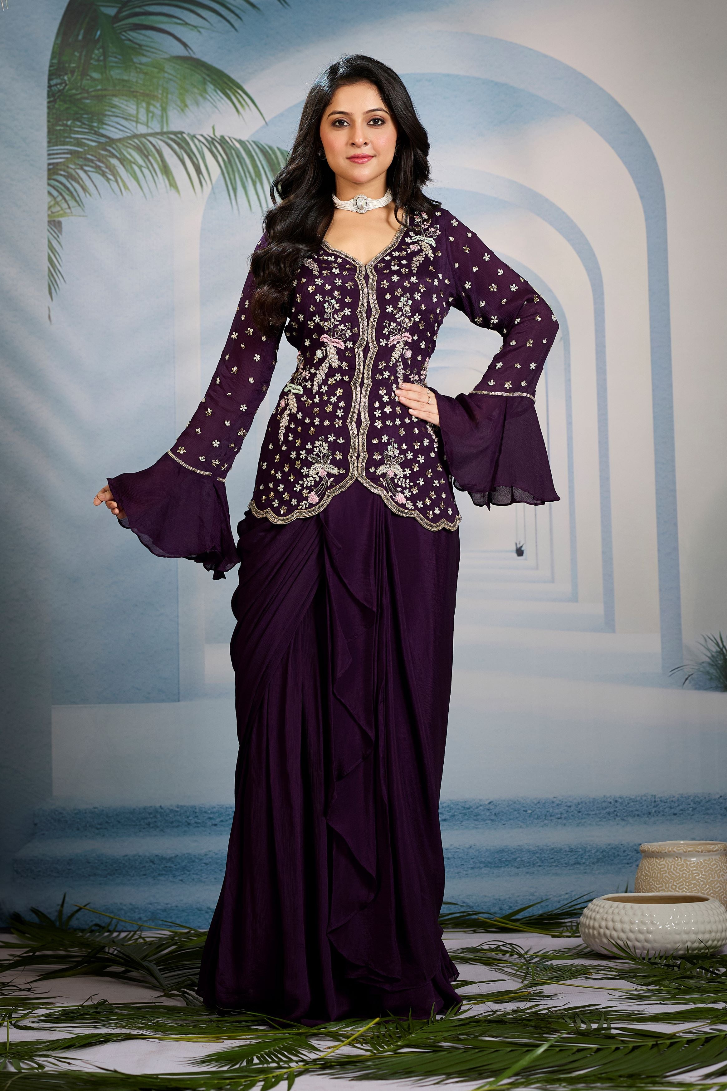 Deep Mauve Embellished Chinon Silk Skirt Set