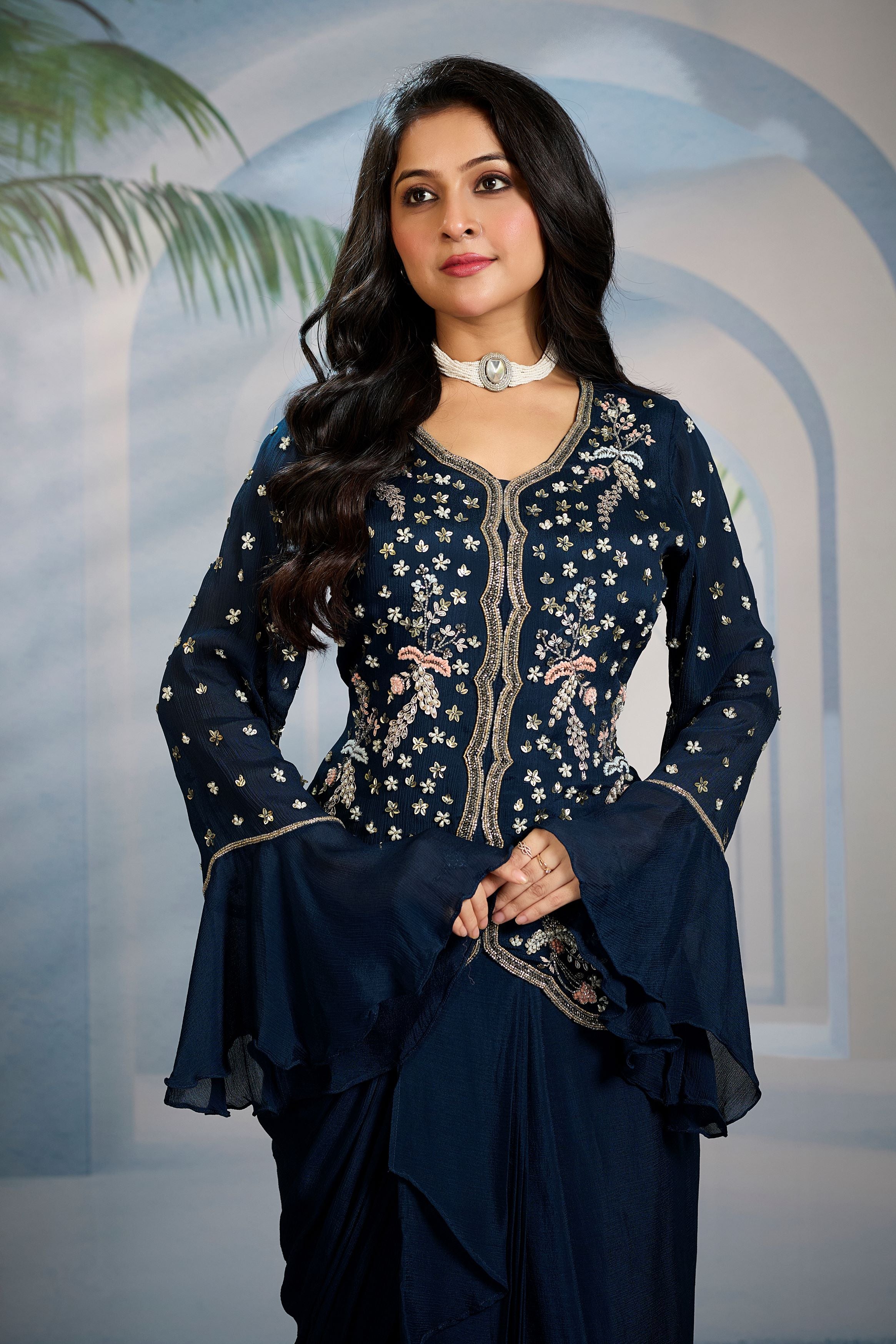 Teal Embellished Chinon Silk Skirt Set