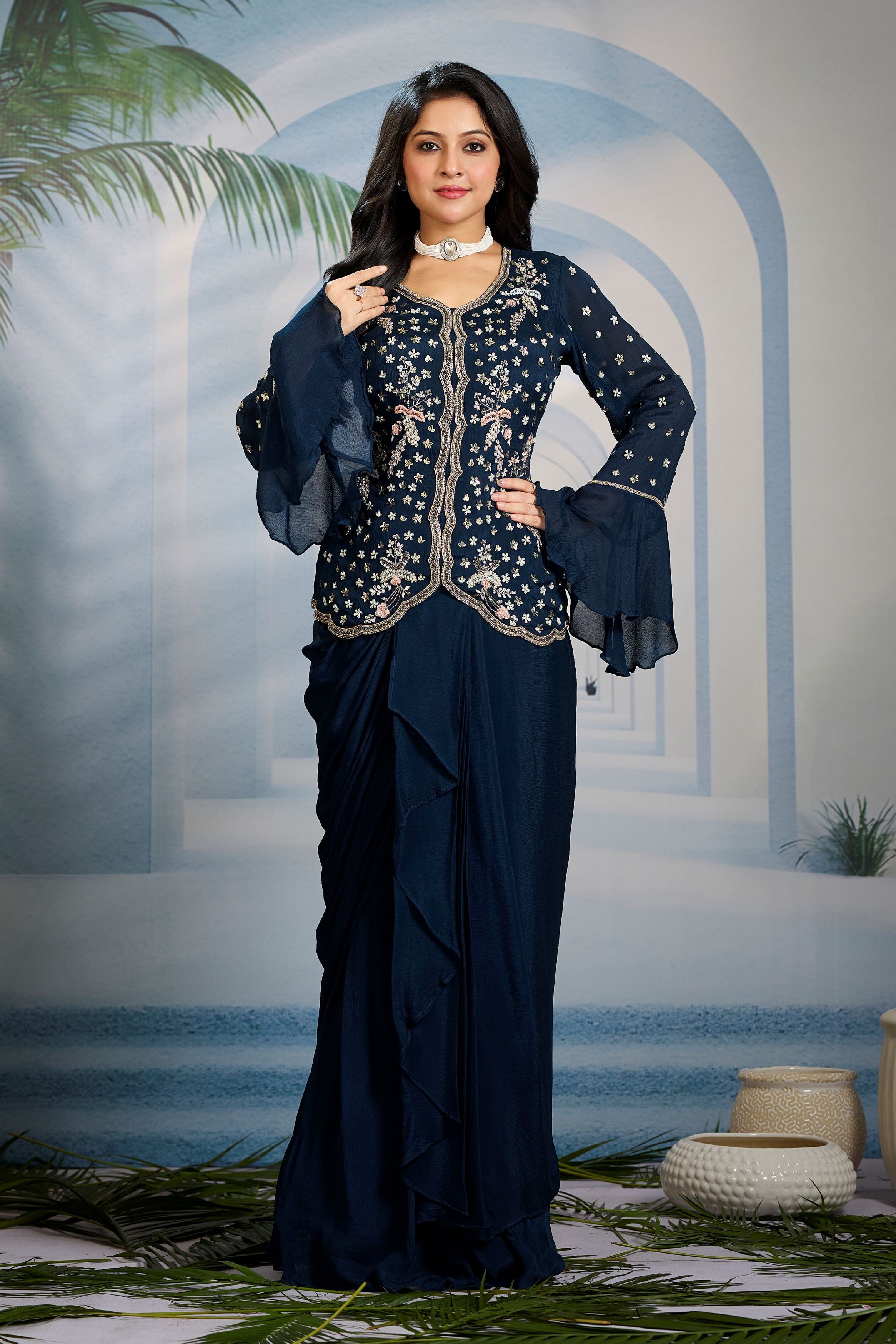 Teal Embellished Chinon Silk Skirt Set