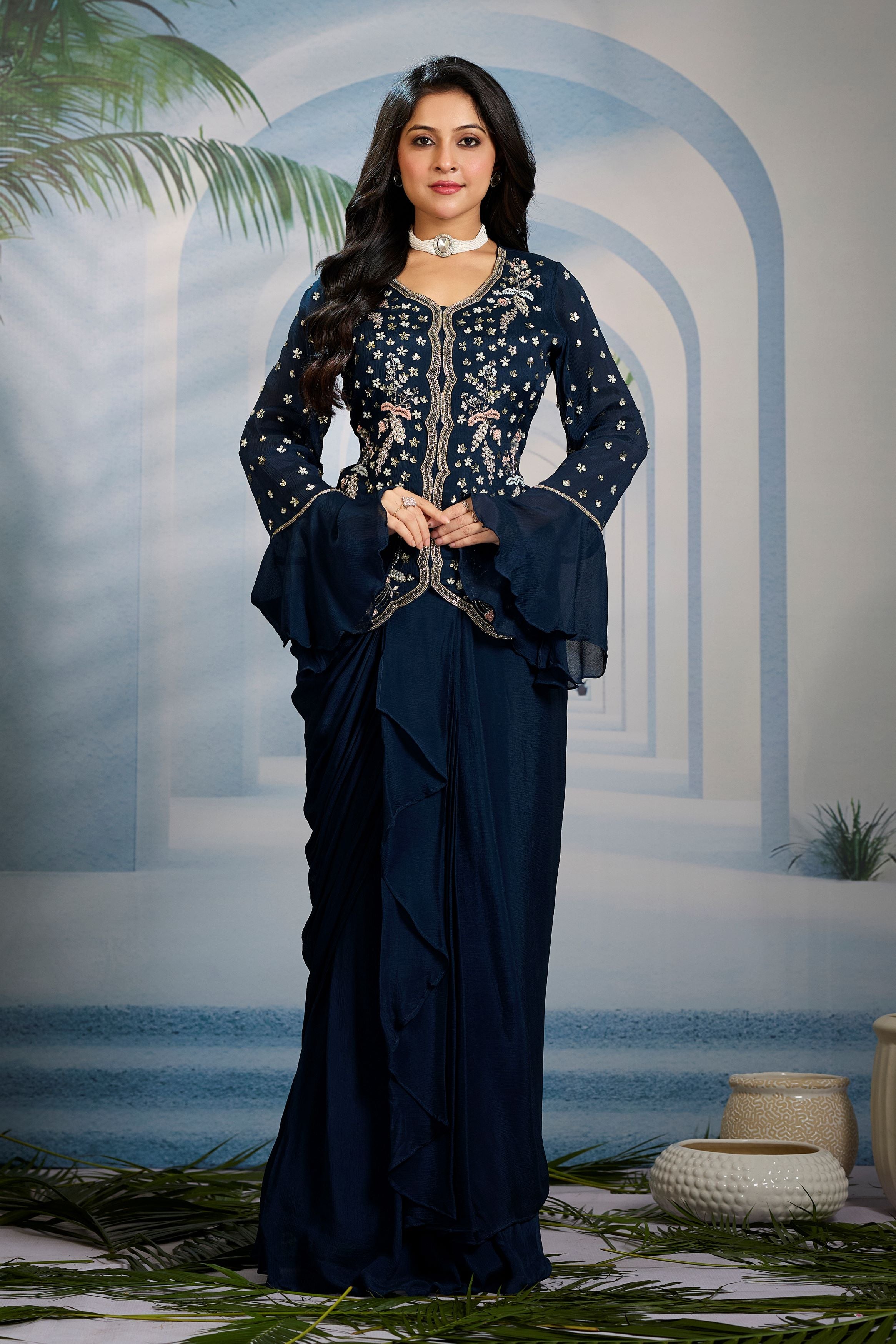 Teal Embellished Chinon Silk Skirt Set