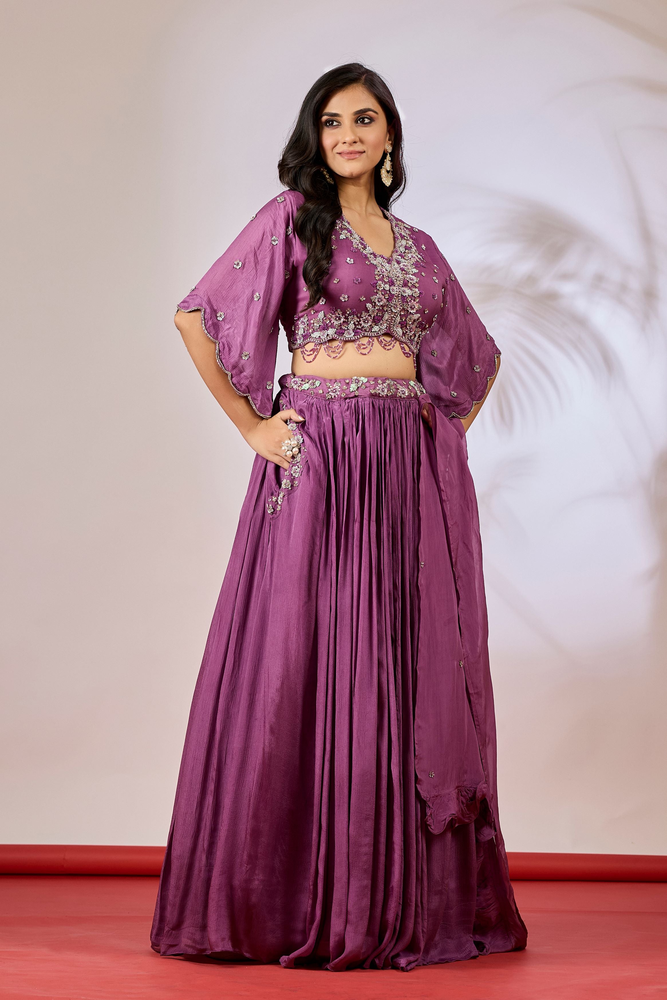 Mauve Embellished Chinon Silk Lehenga Set