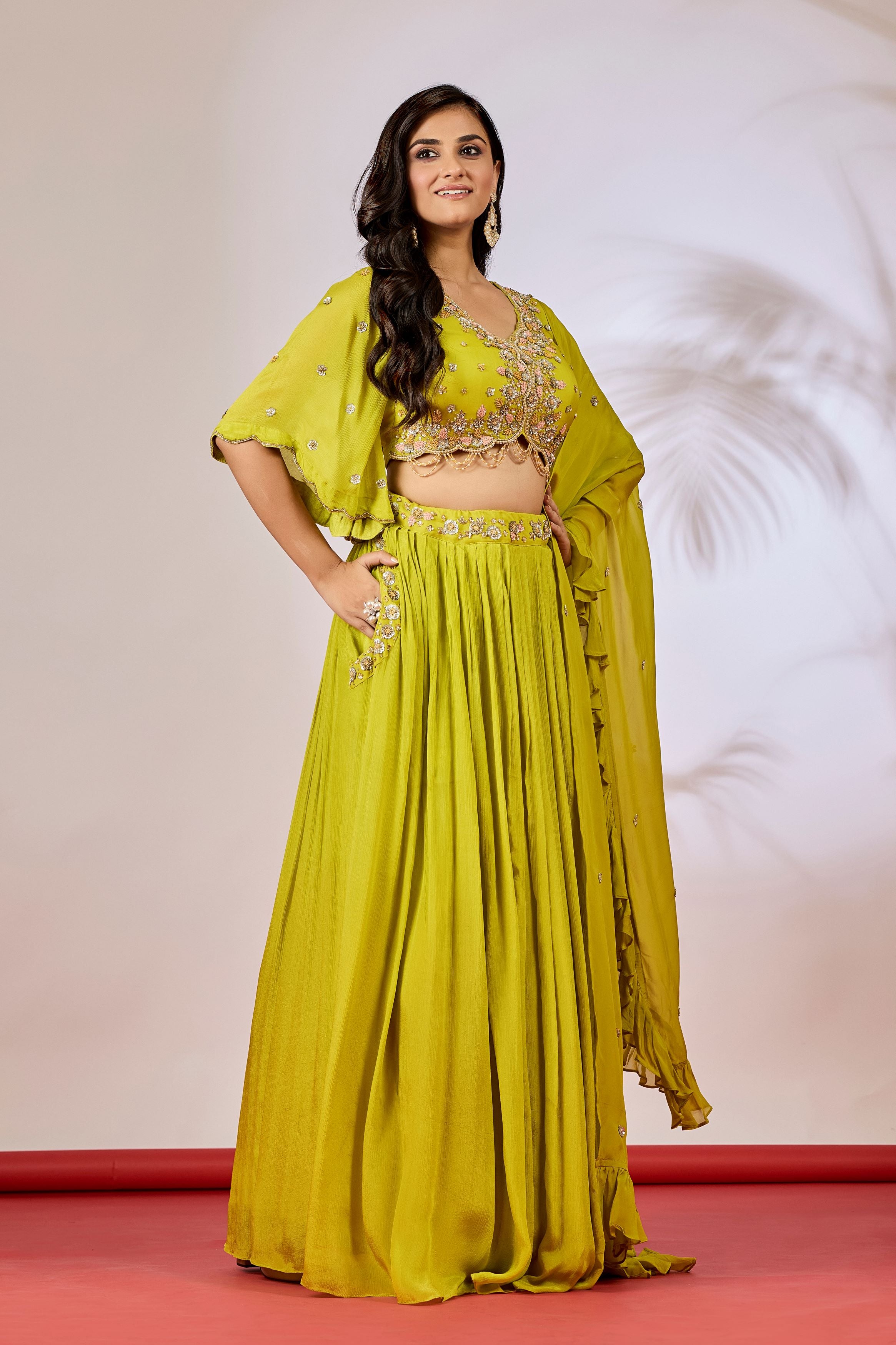Pear Green Embellished Chinon Silk Lehenga Set
