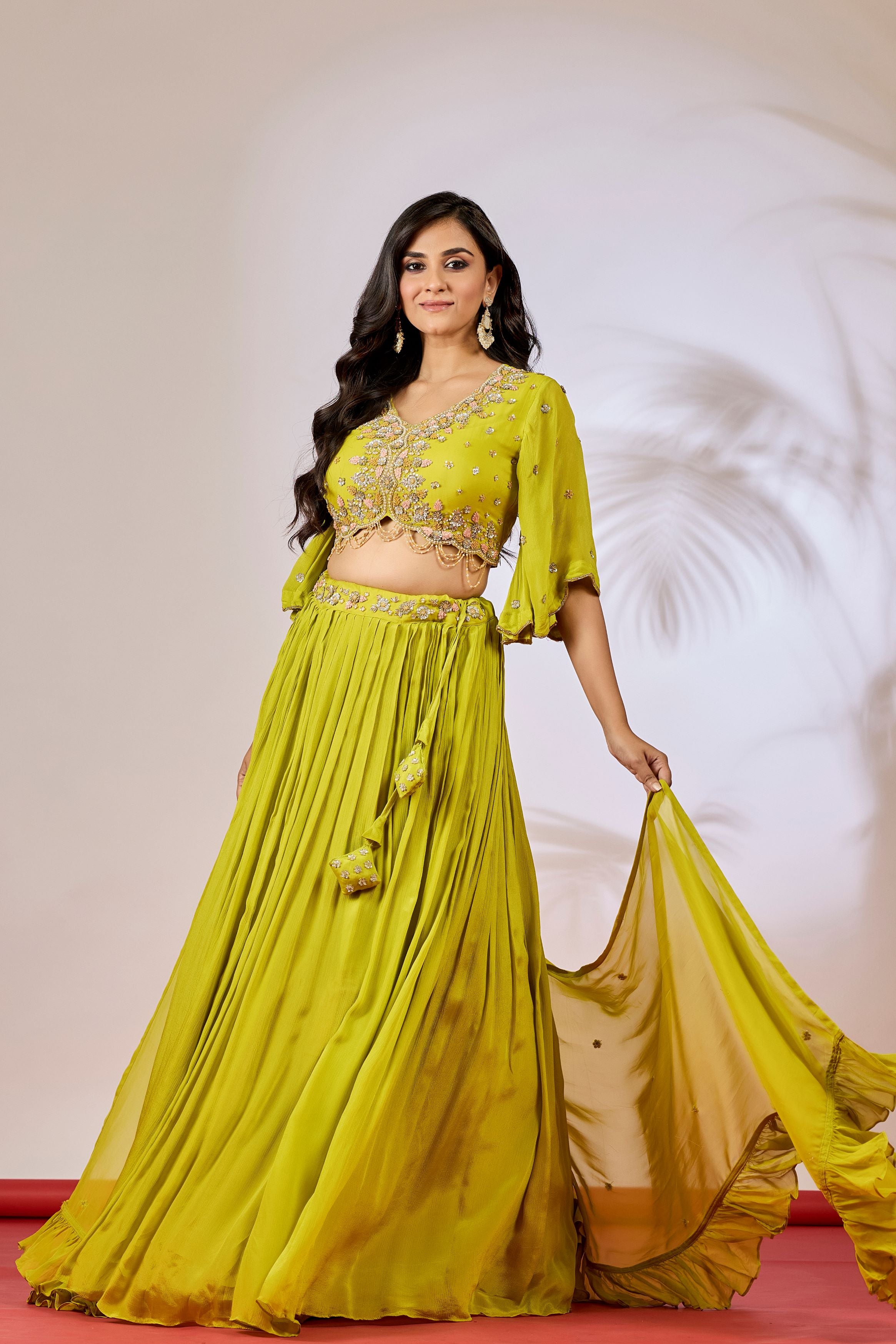 Pear Green Embellished Chinon Silk Lehenga Set