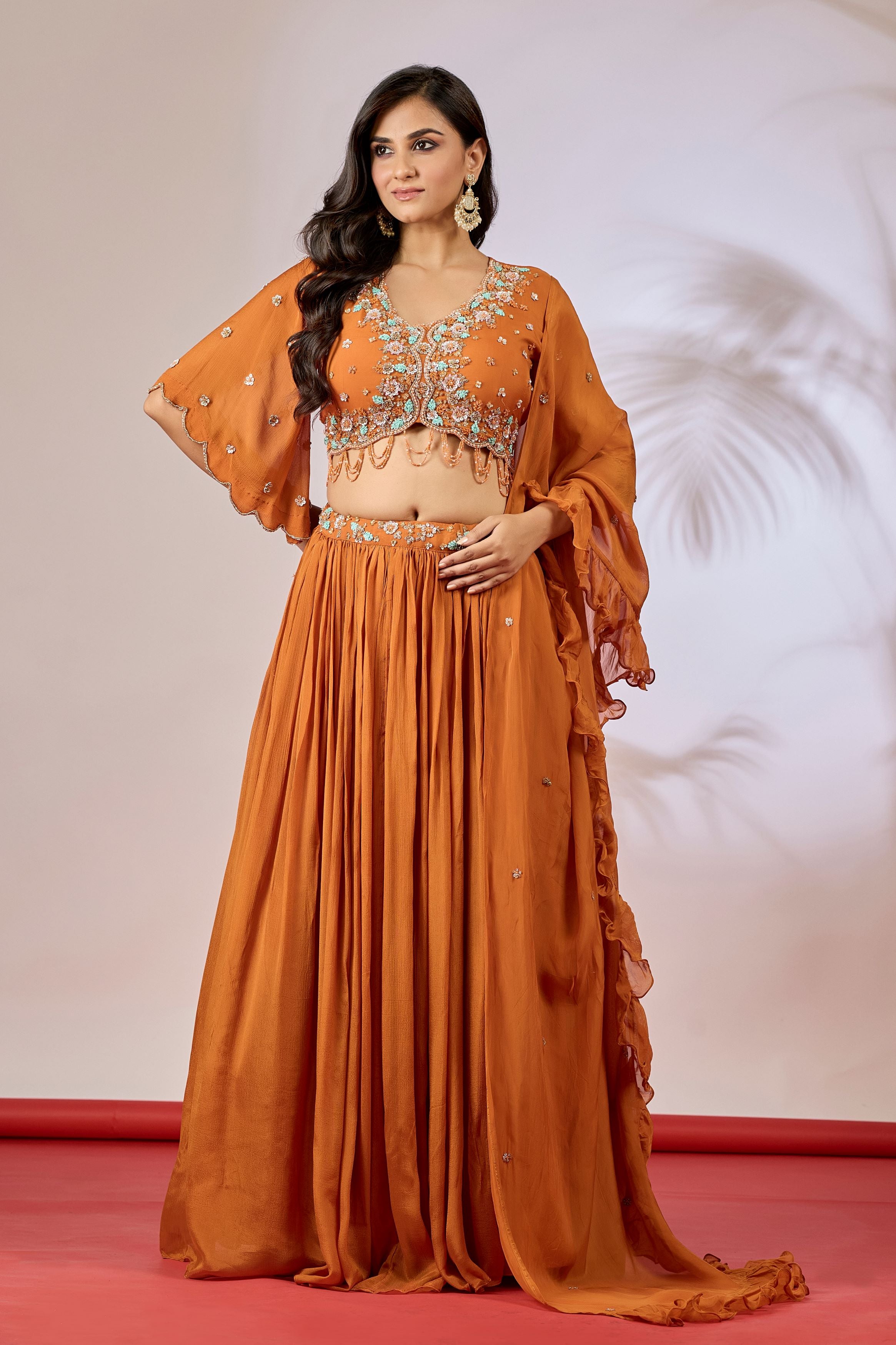 Deep Orange Embellished Chinon Silk Lehenga Set