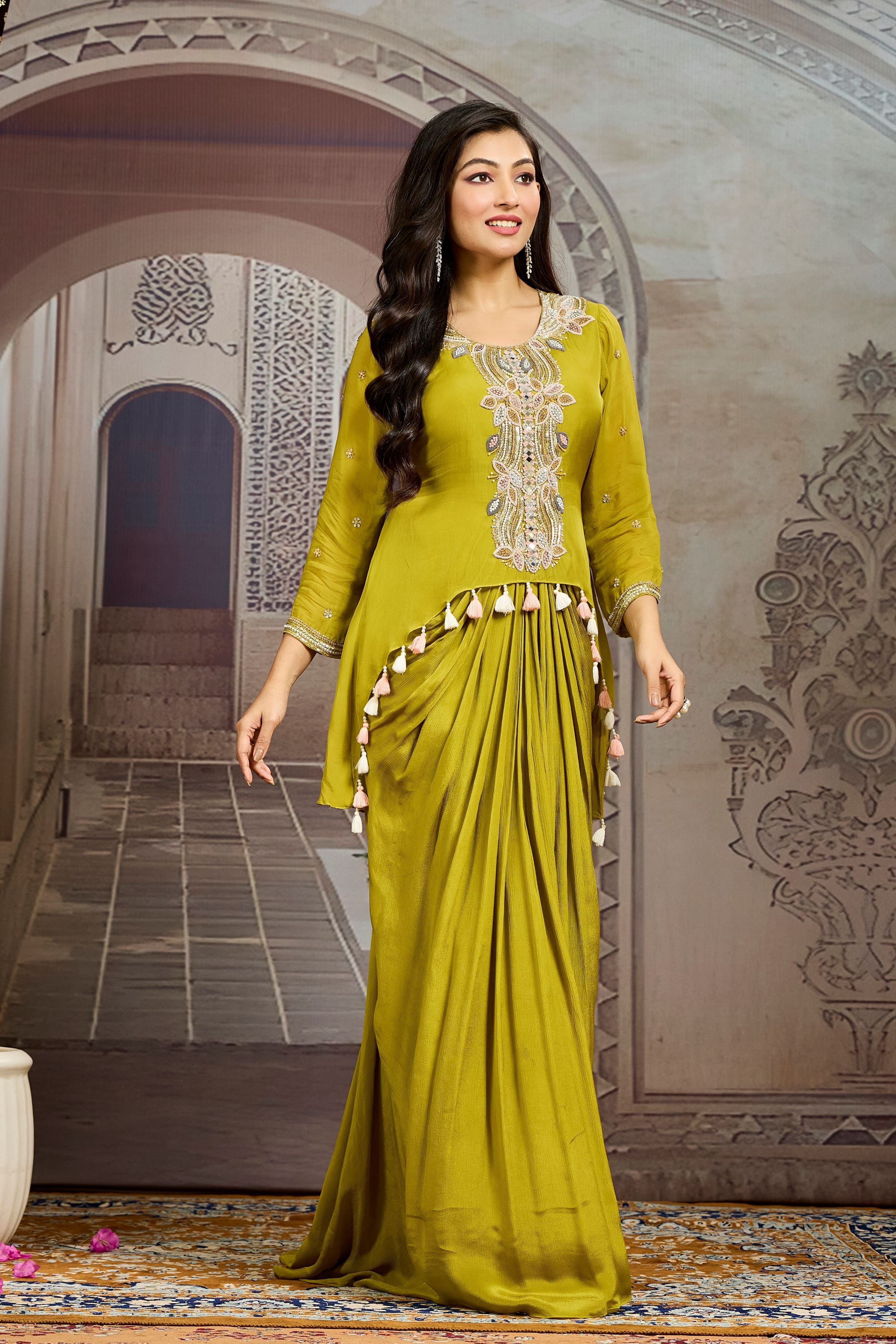 Pear Green Embellished Chinon Silk Tunic Dress