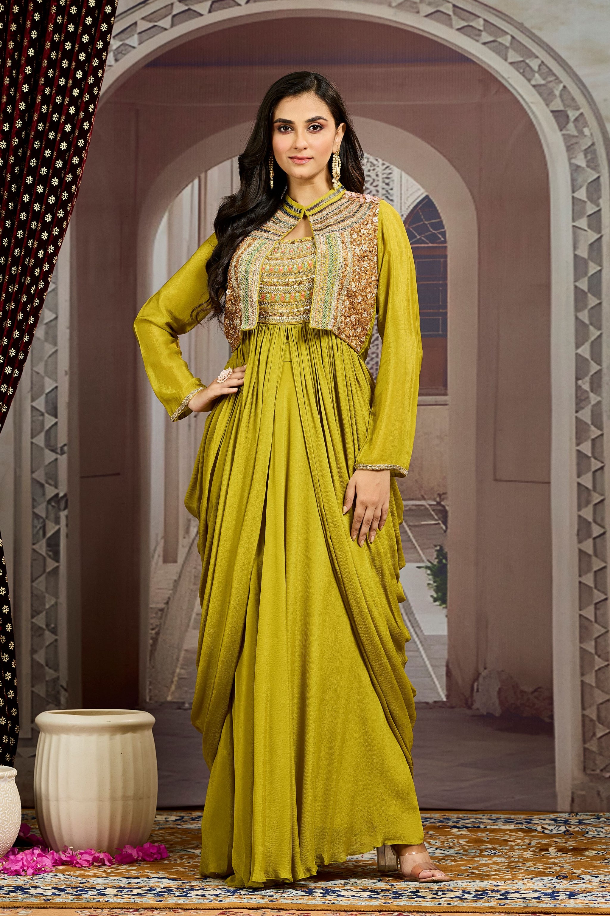 Pearl gold silk zari tissue jacket with skirt set
