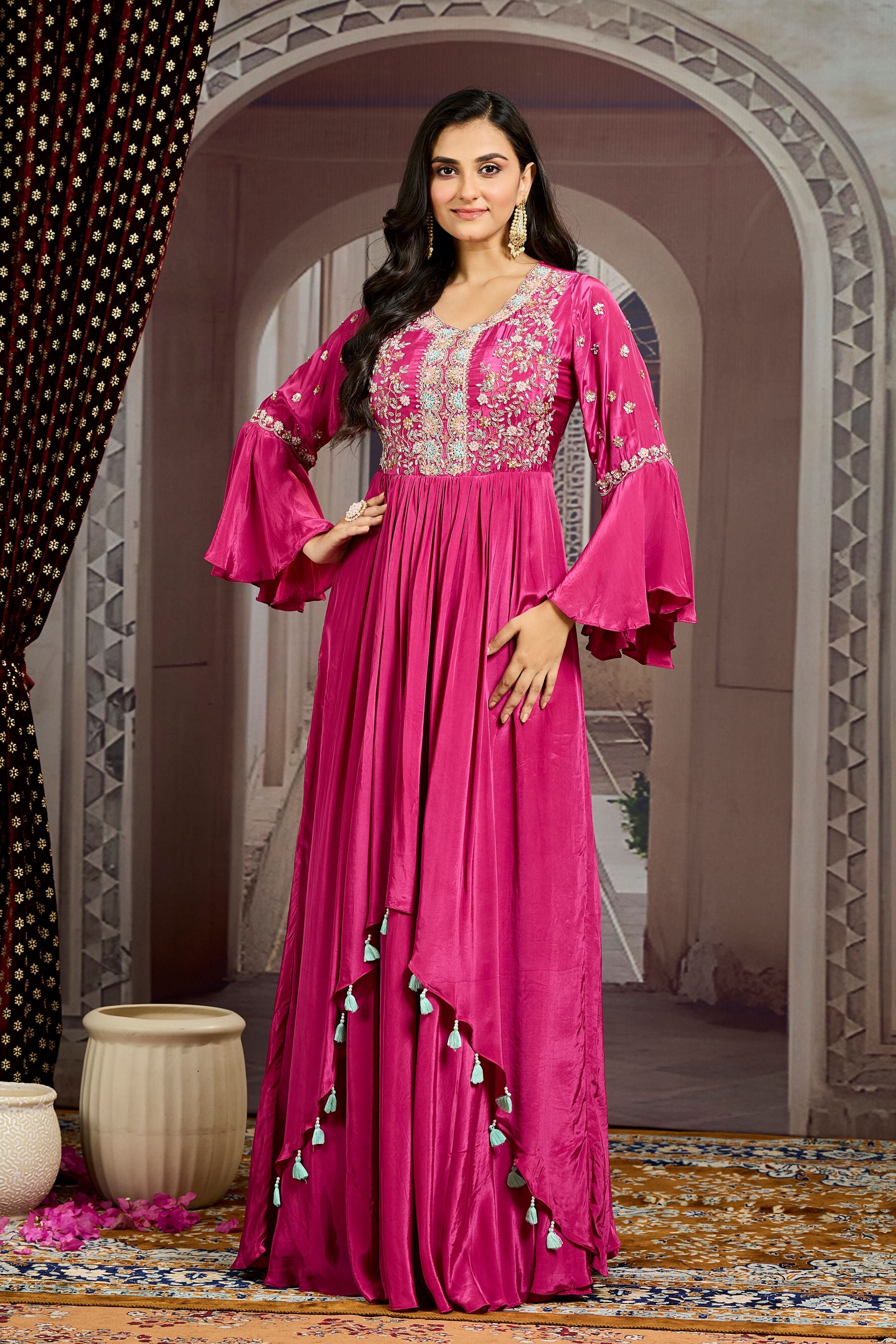 Magenta Embellished Chinon Silk Gown