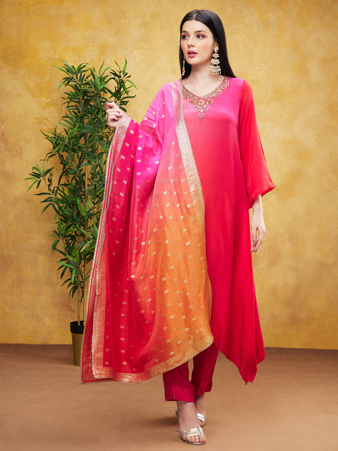 Hot Pink Ombre-Dyed Spanish Silk Pants Set