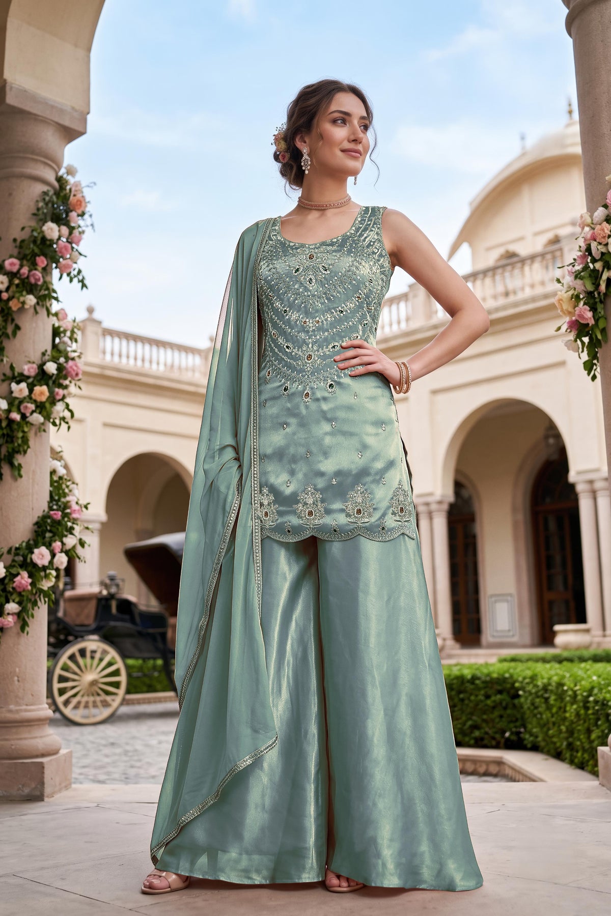 Soft Blue Embellished Shimmer Silk Palazzo Set